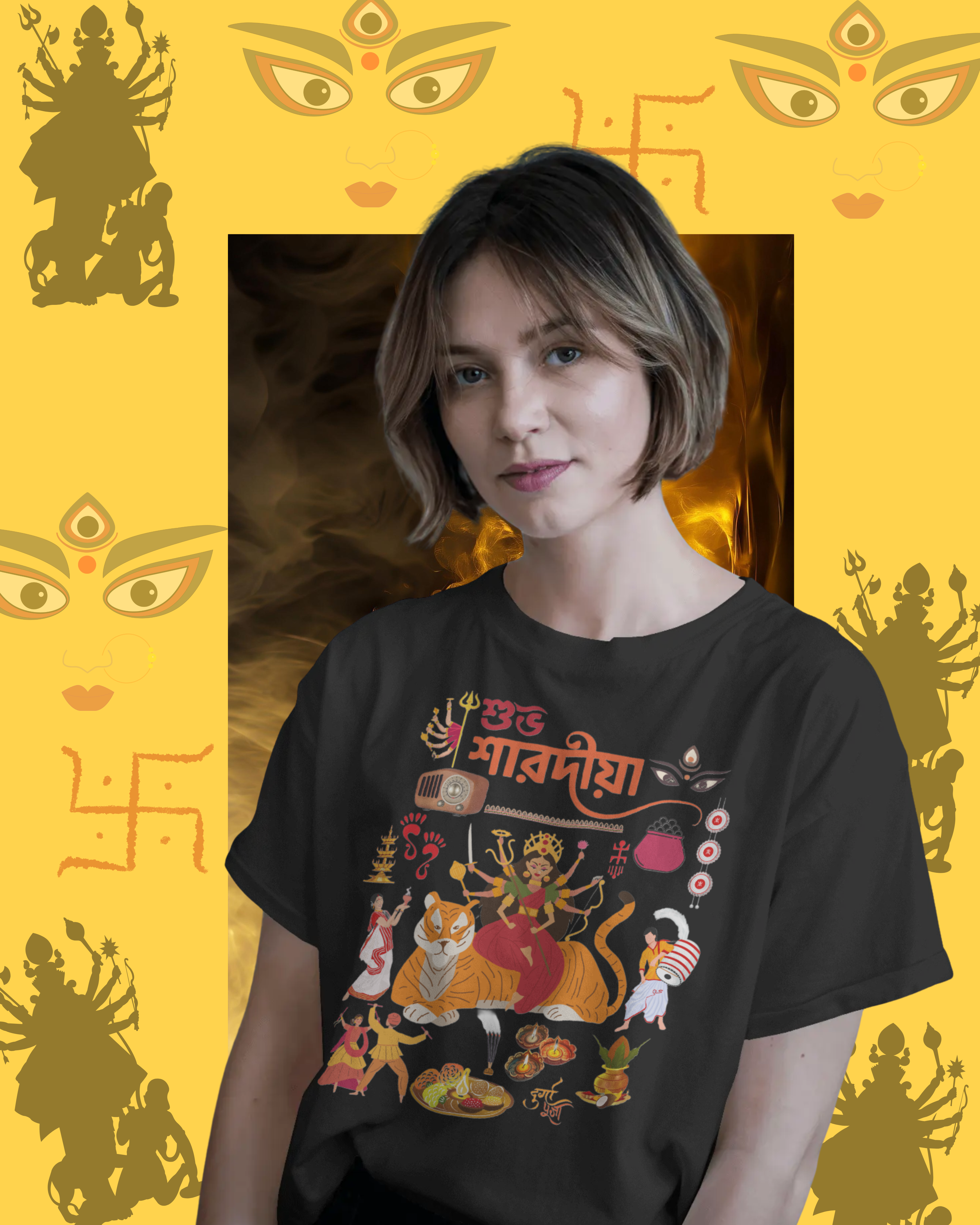 Durga Pujo festival t-shirt mockup with traditional Bengali design for celebrations