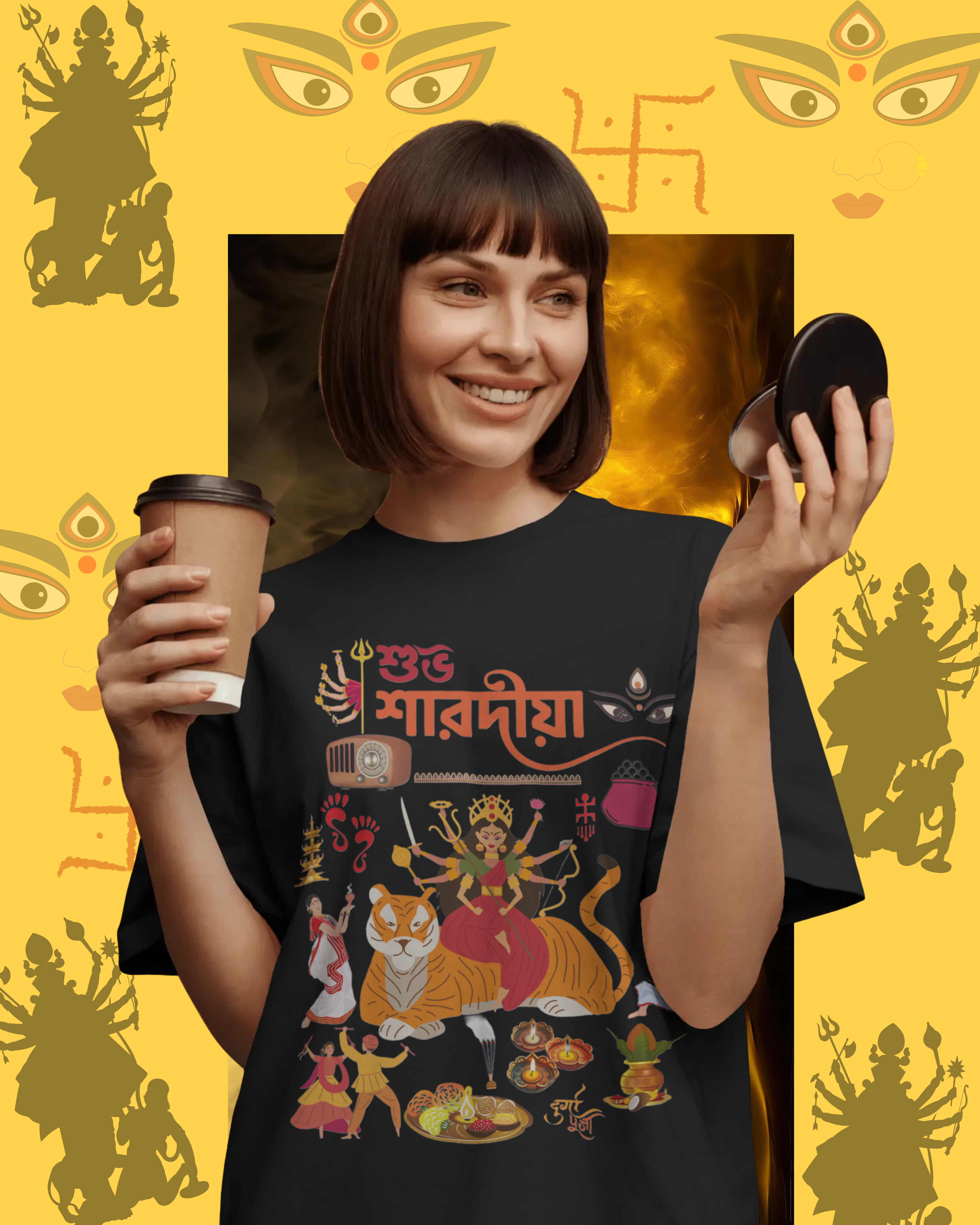 Durga Pujo festival t-shirt mockup with traditional Bengali design for celebrations