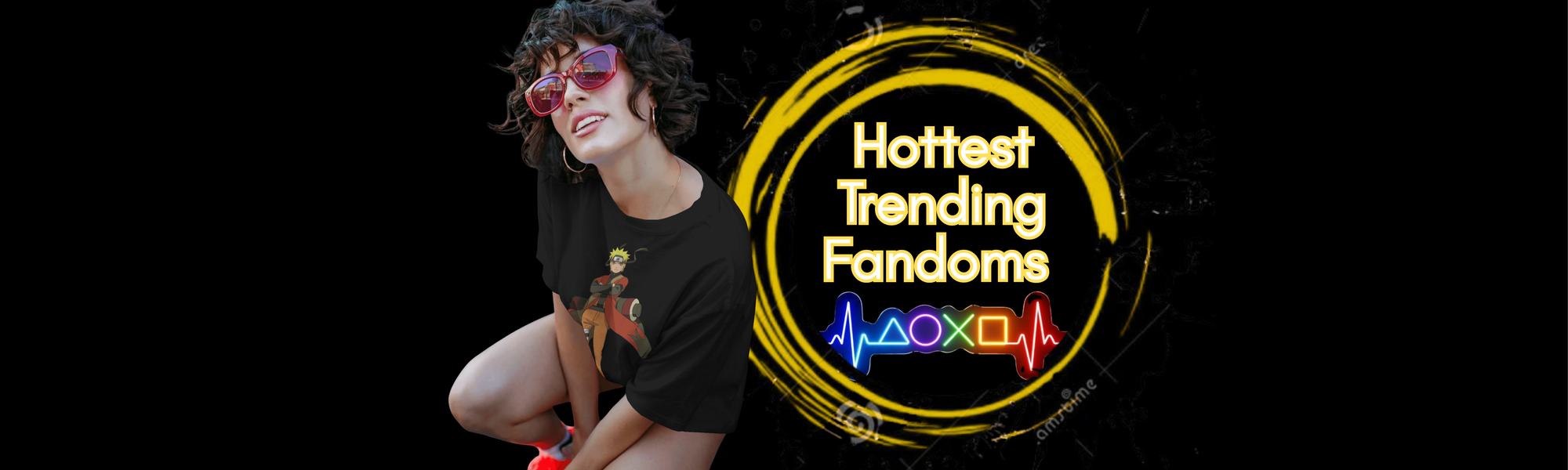 Person holding a t-shirt with a character design, featuring 'Hottest Trending Fandoms' text and PlayStation logos