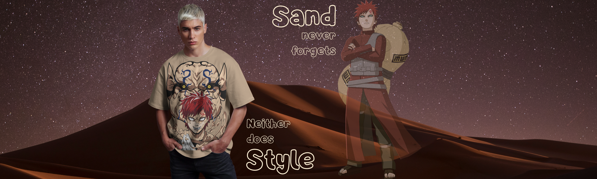 Person wearing a graphic t-shirt with desert and character illustration on a desert background