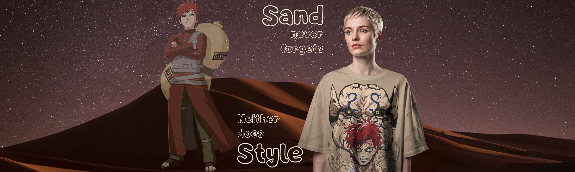 Two people standing in a desert with text 'Sand never forgets, Neither does Style' on a dark desert background