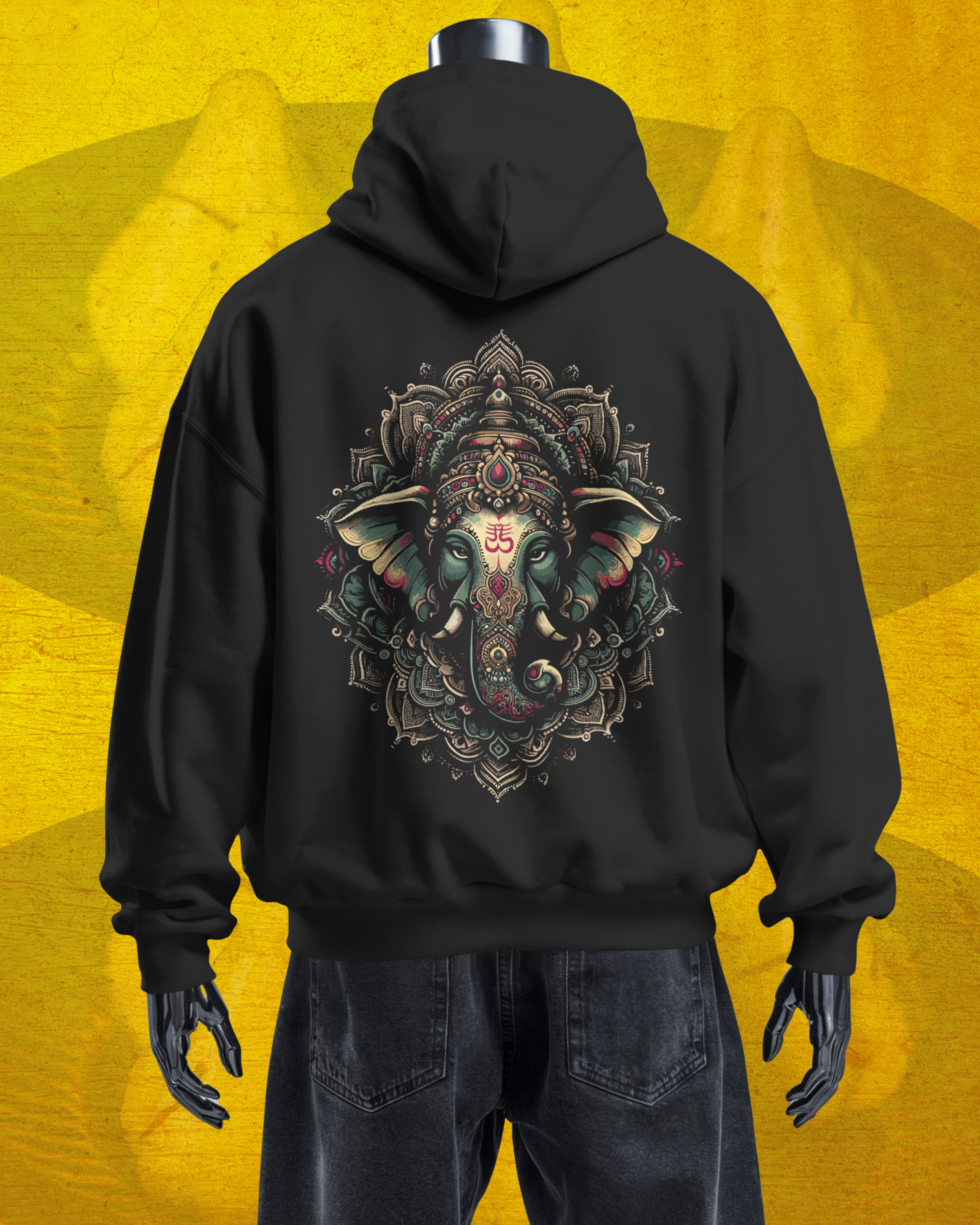 Black hoodie with a detailed elephant design on the back against a yellow background