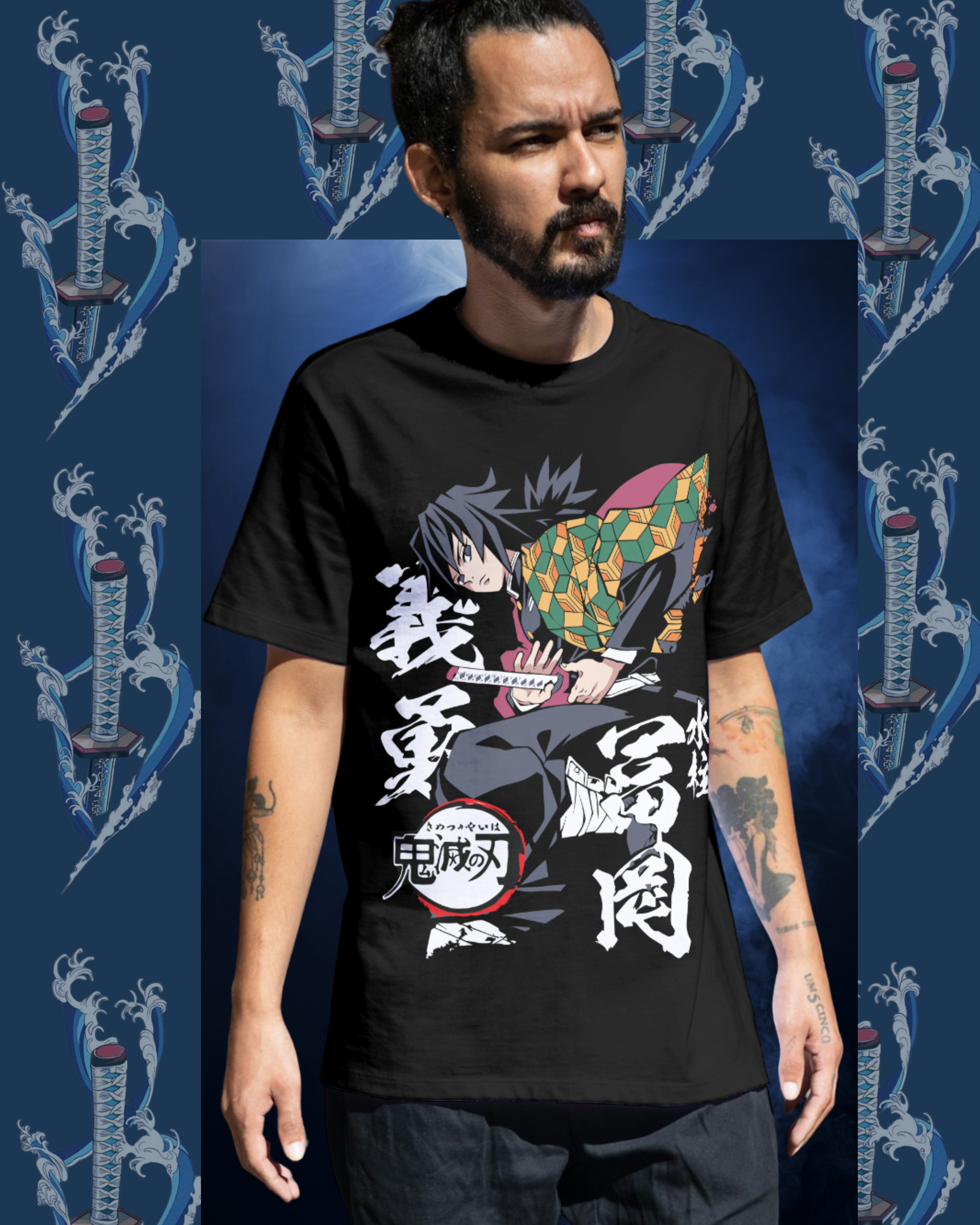 Oversized Giyu Tomioka t-shirt mockup featuring Demon Slayer water breathing design, anime streetwear style