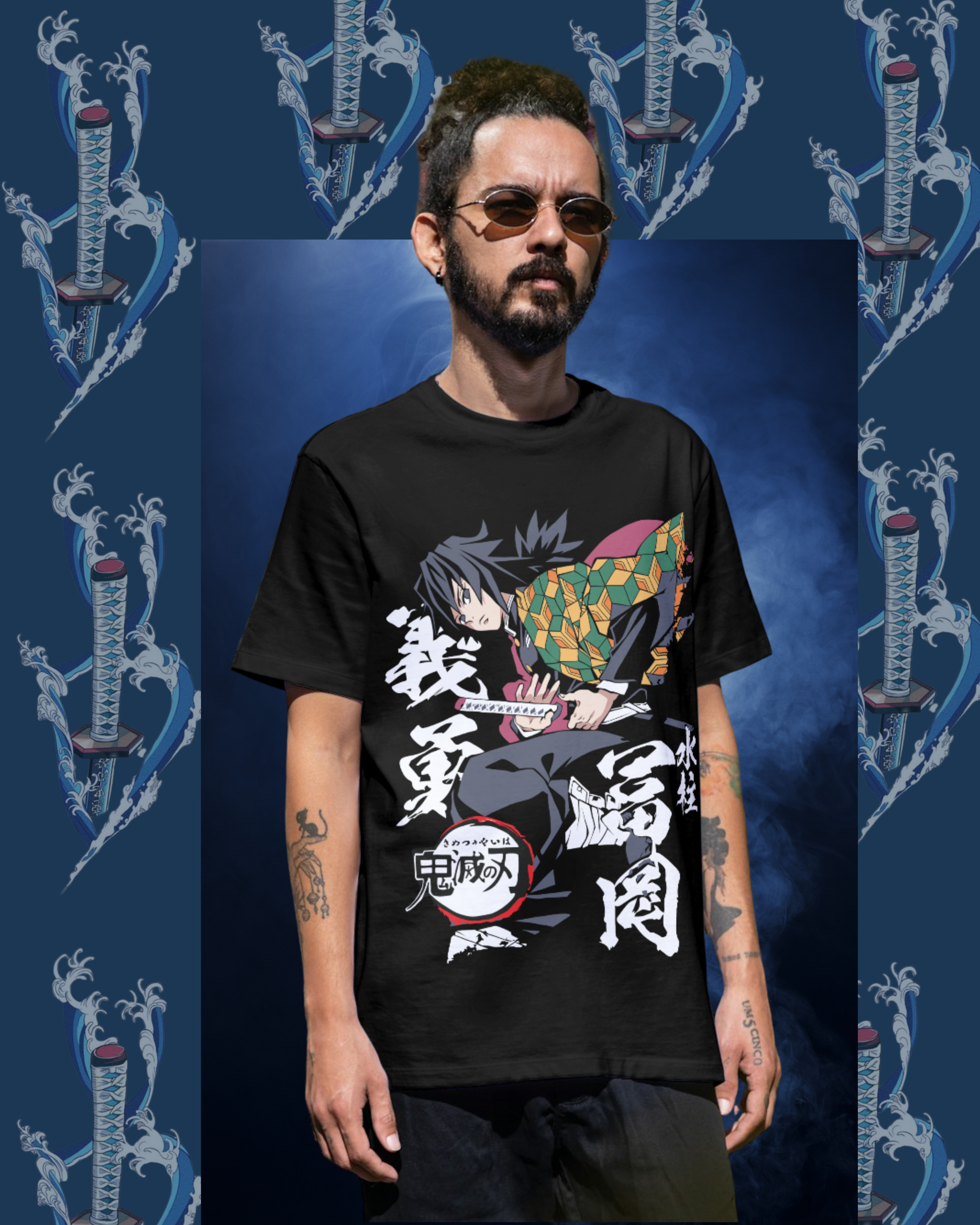 Oversized Giyu Tomioka t-shirt mockup featuring Demon Slayer water breathing design, anime streetwear style