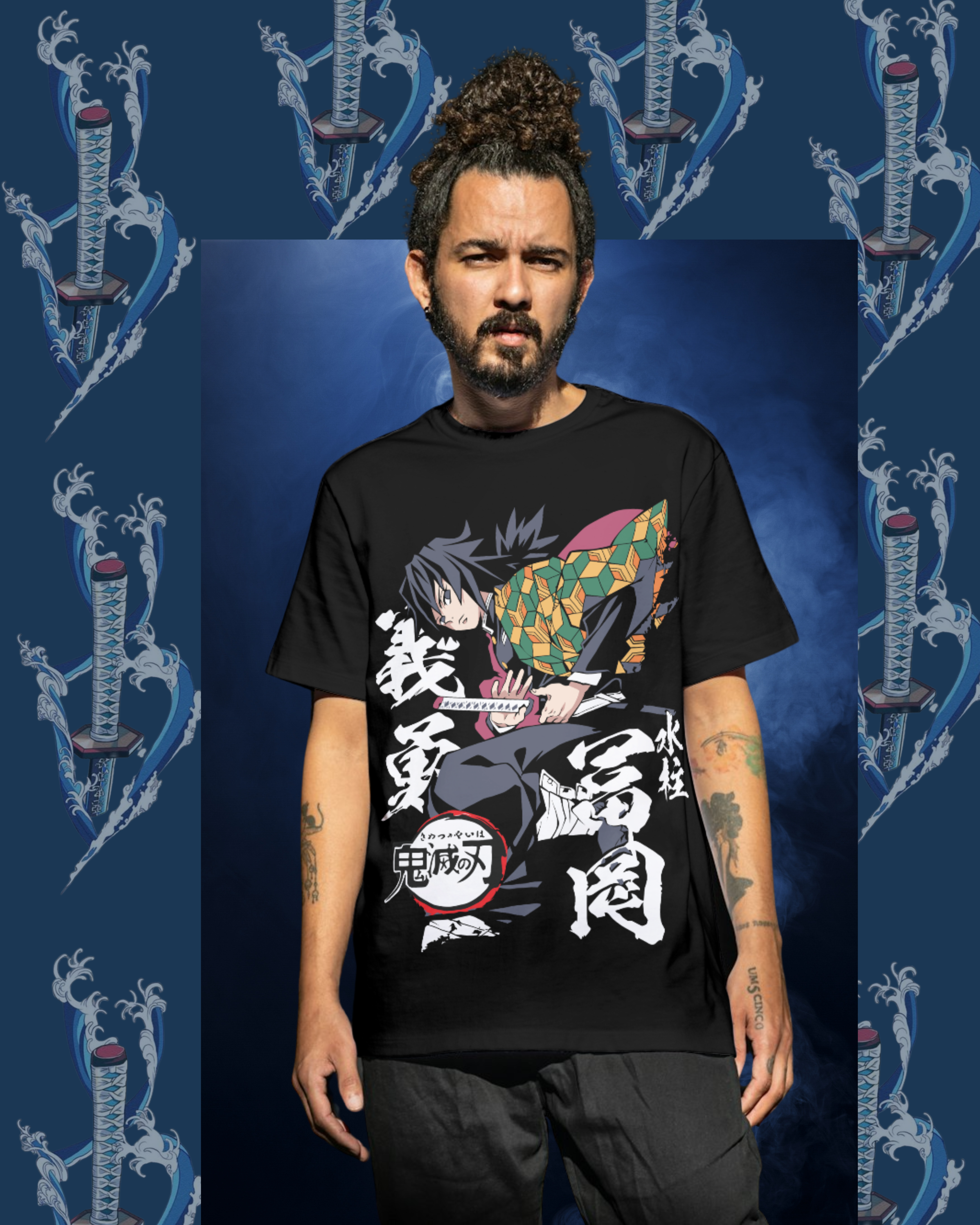 Oversized Giyu Tomioka t-shirt mockup featuring Demon Slayer water breathing design, anime streetwear style