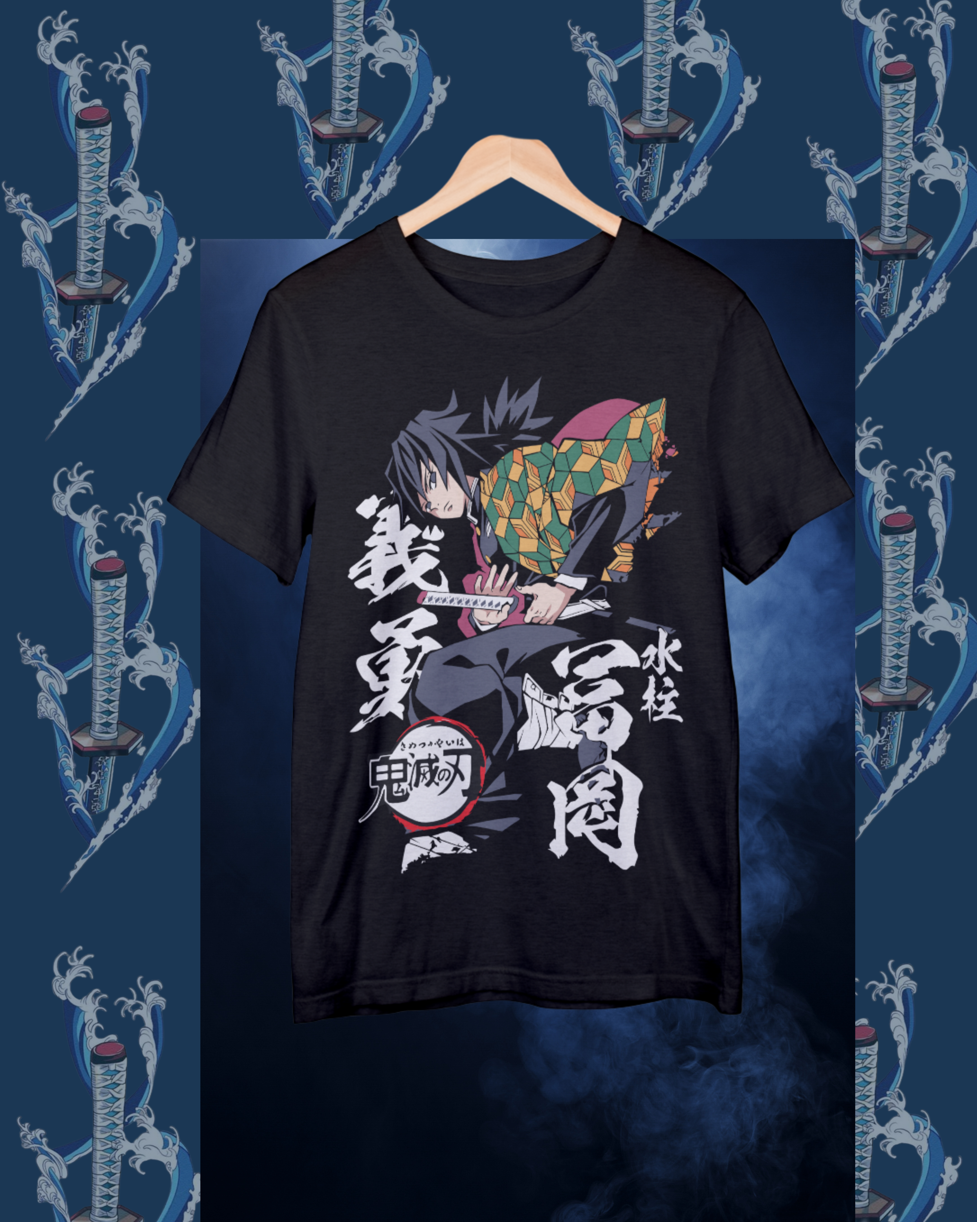 Oversized Giyu Tomioka t-shirt mockup featuring Demon Slayer water breathing design, anime streetwear style