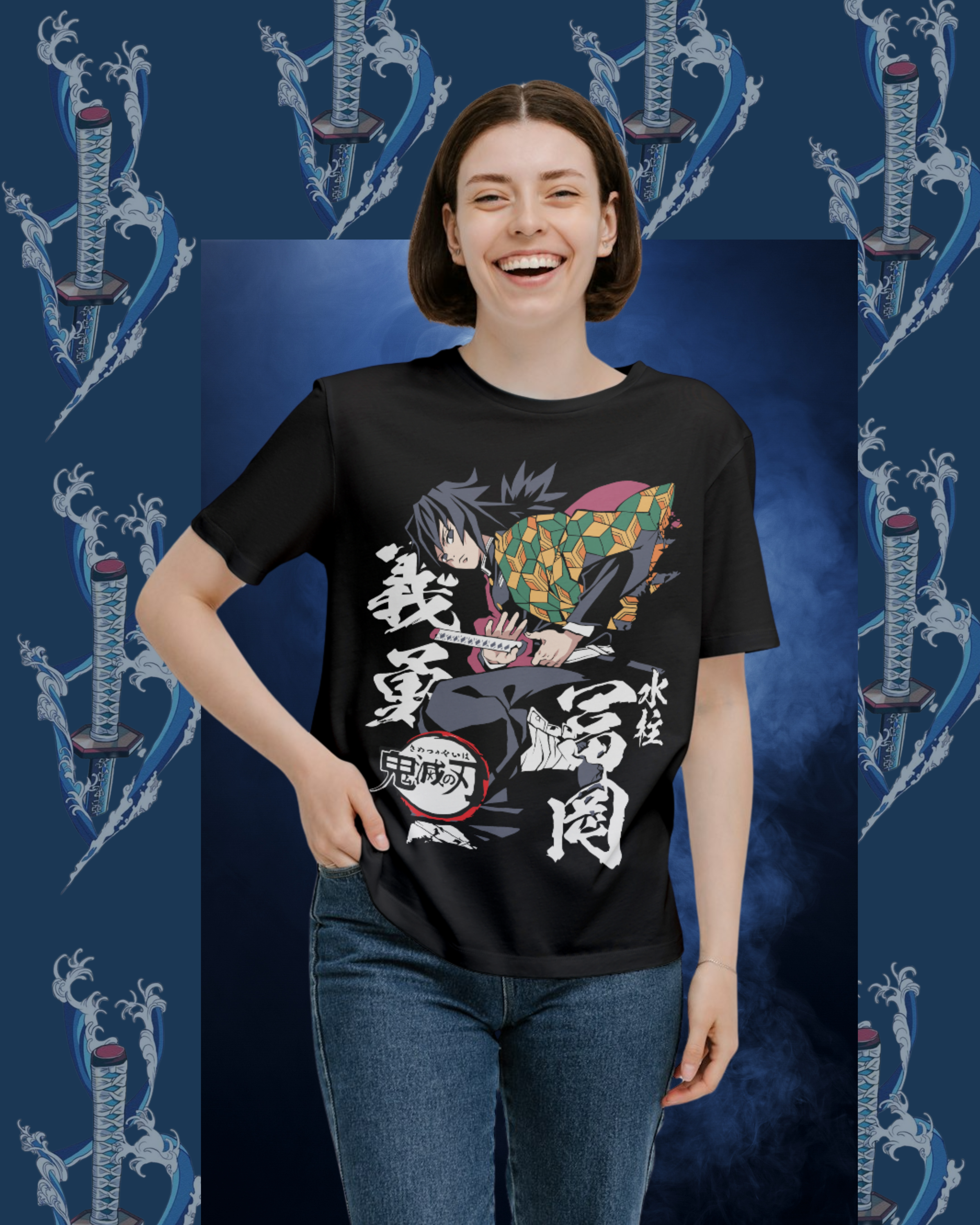 Oversized Giyu Tomioka t-shirt mockup featuring Demon Slayer water breathing design, anime streetwear style
