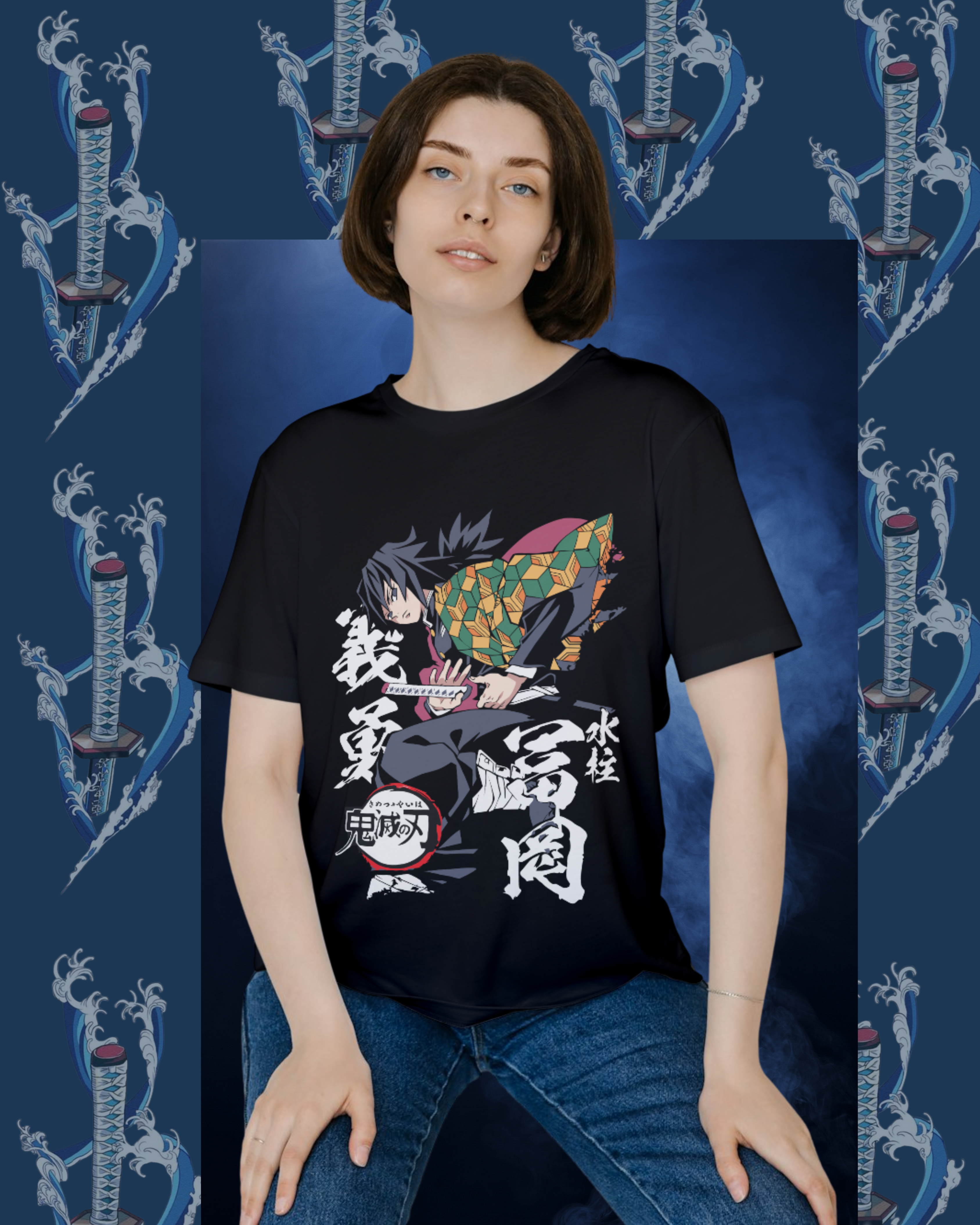 Oversized Giyu Tomioka t-shirt mockup featuring Demon Slayer water breathing design, anime streetwear style