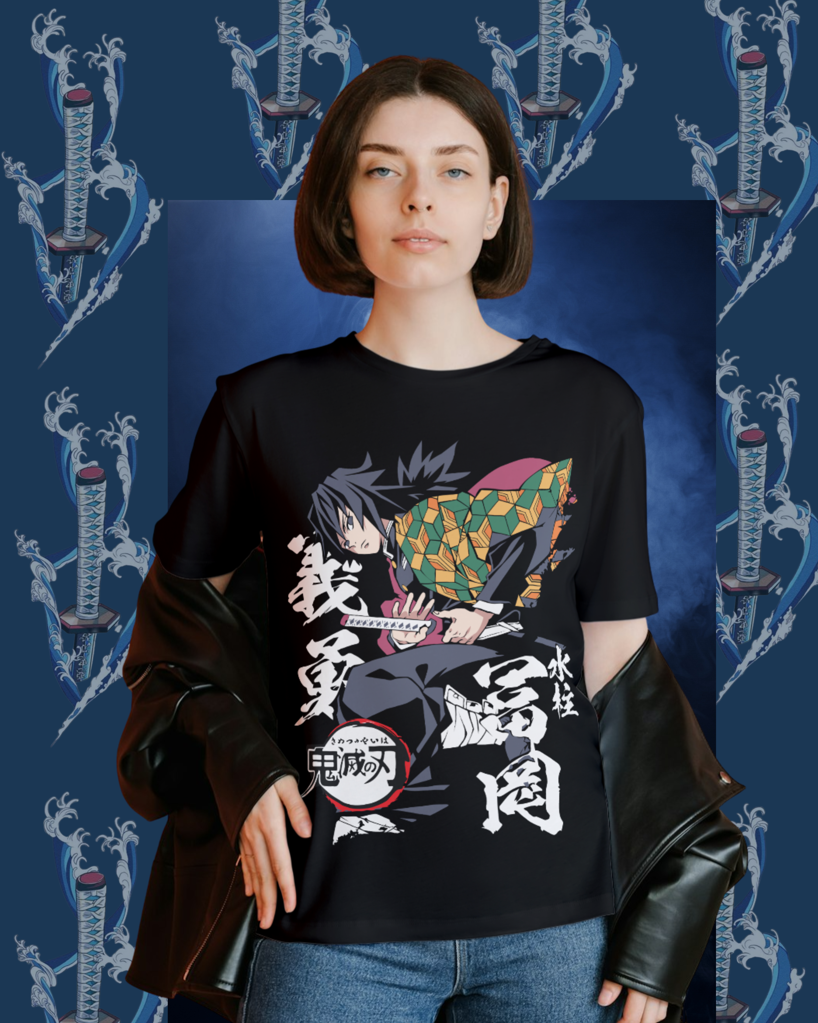 Oversized Giyu Tomioka t-shirt mockup featuring Demon Slayer water breathing design, anime streetwear style