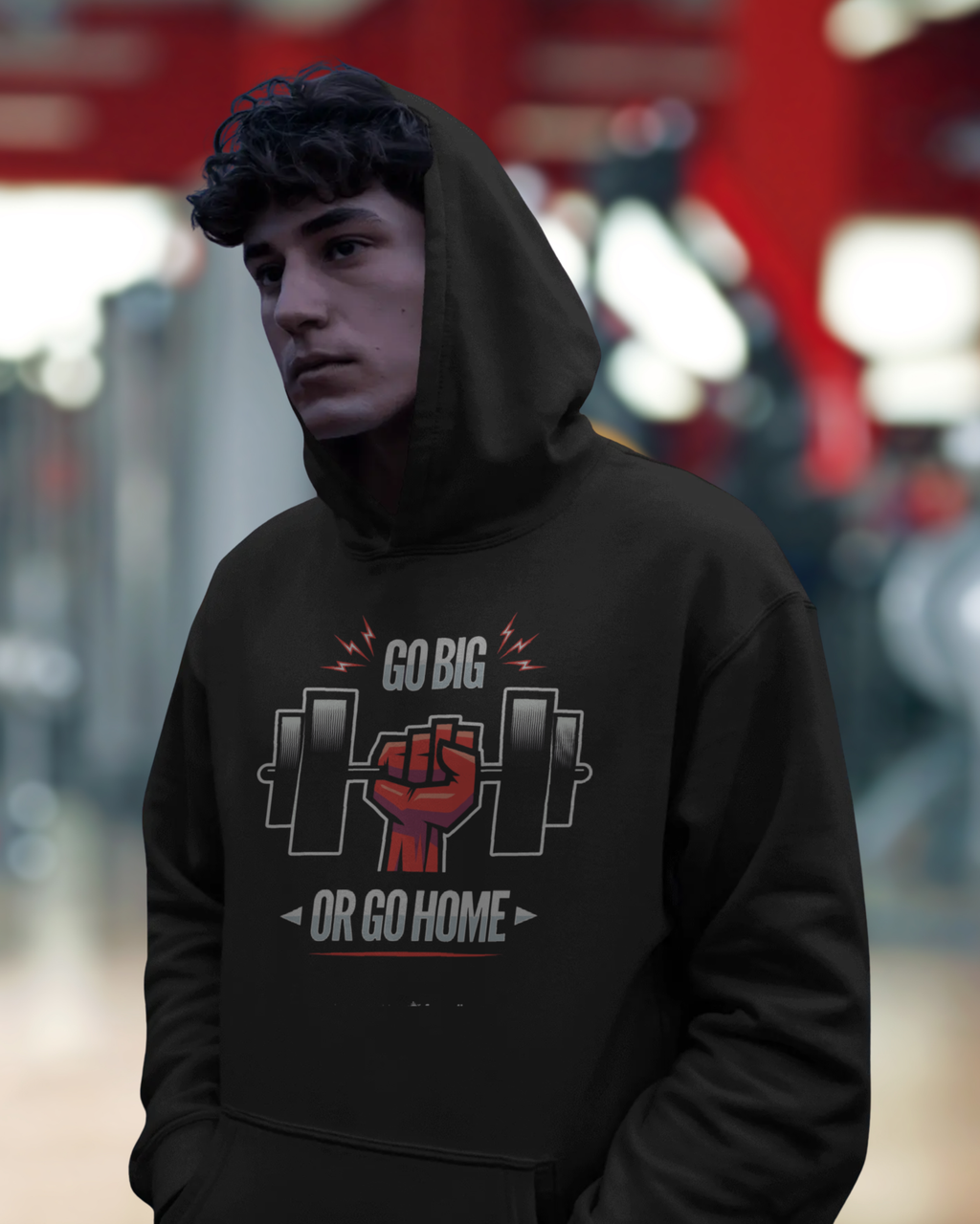 Person wearing a black hoodie with a motivational graphic and text