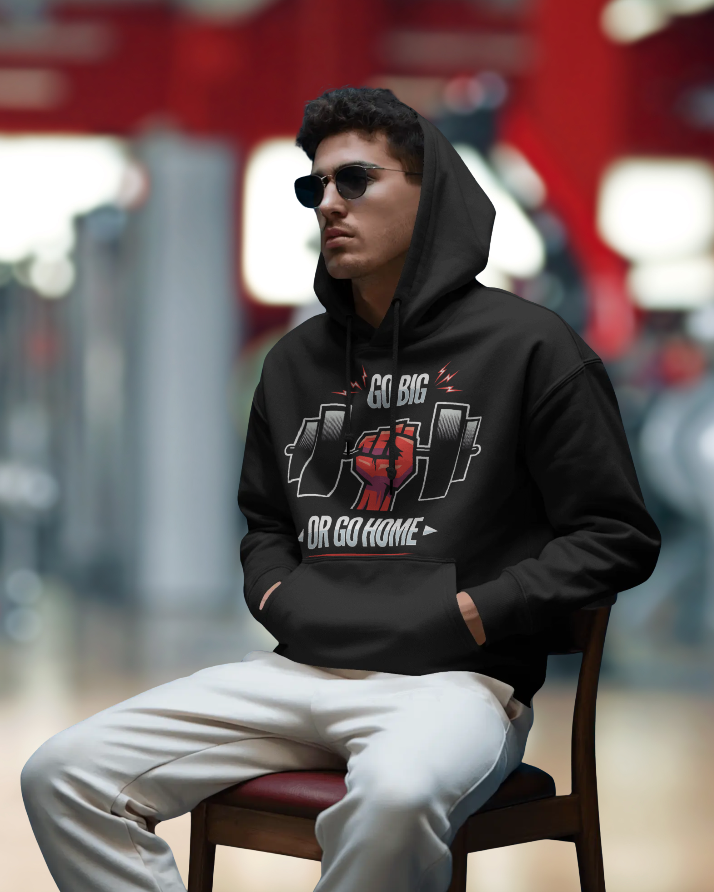 Person wearing a black hoodie with graphic design sitting on a chair