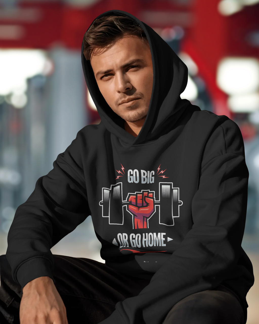 Man wearing a black hoodie with a motivational graphic and text