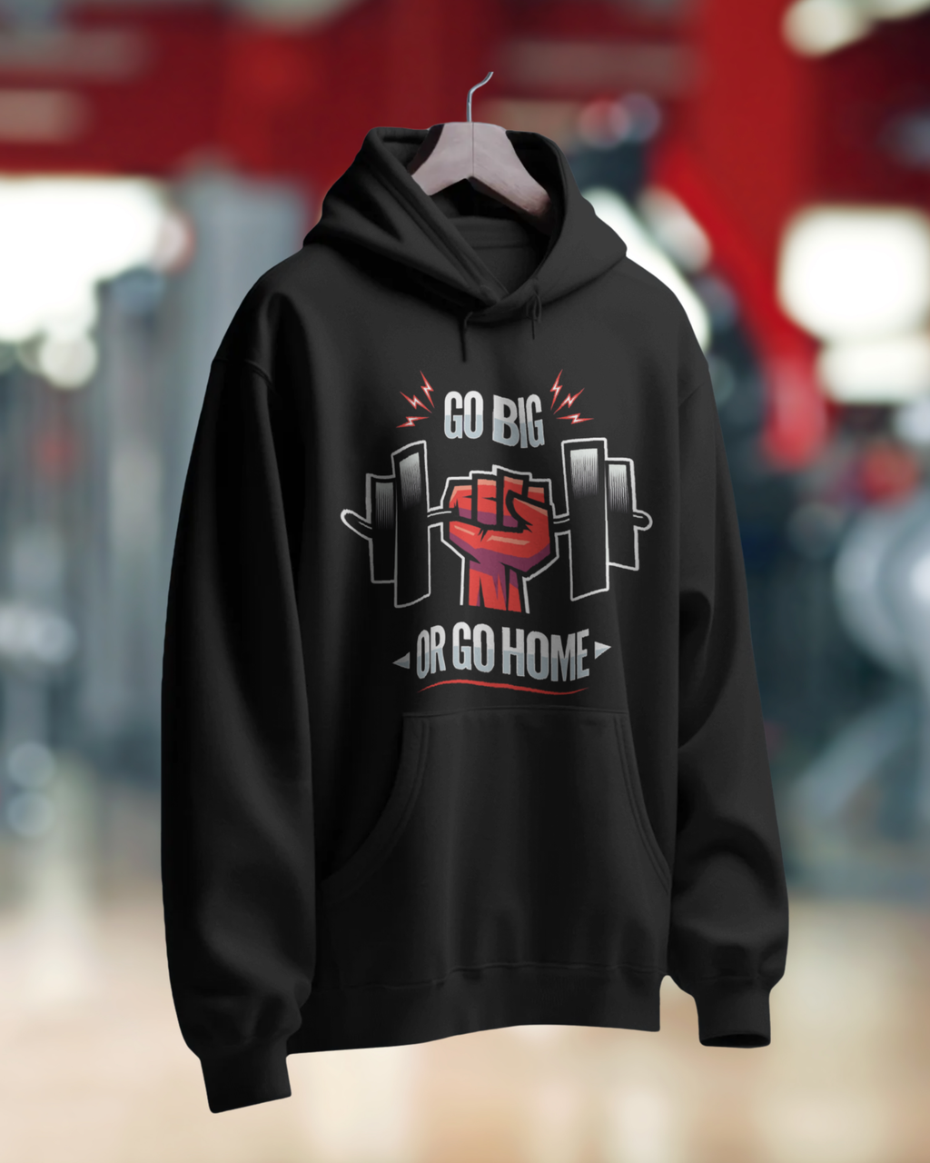 Black hoodie with motivational graphic on a blurred background