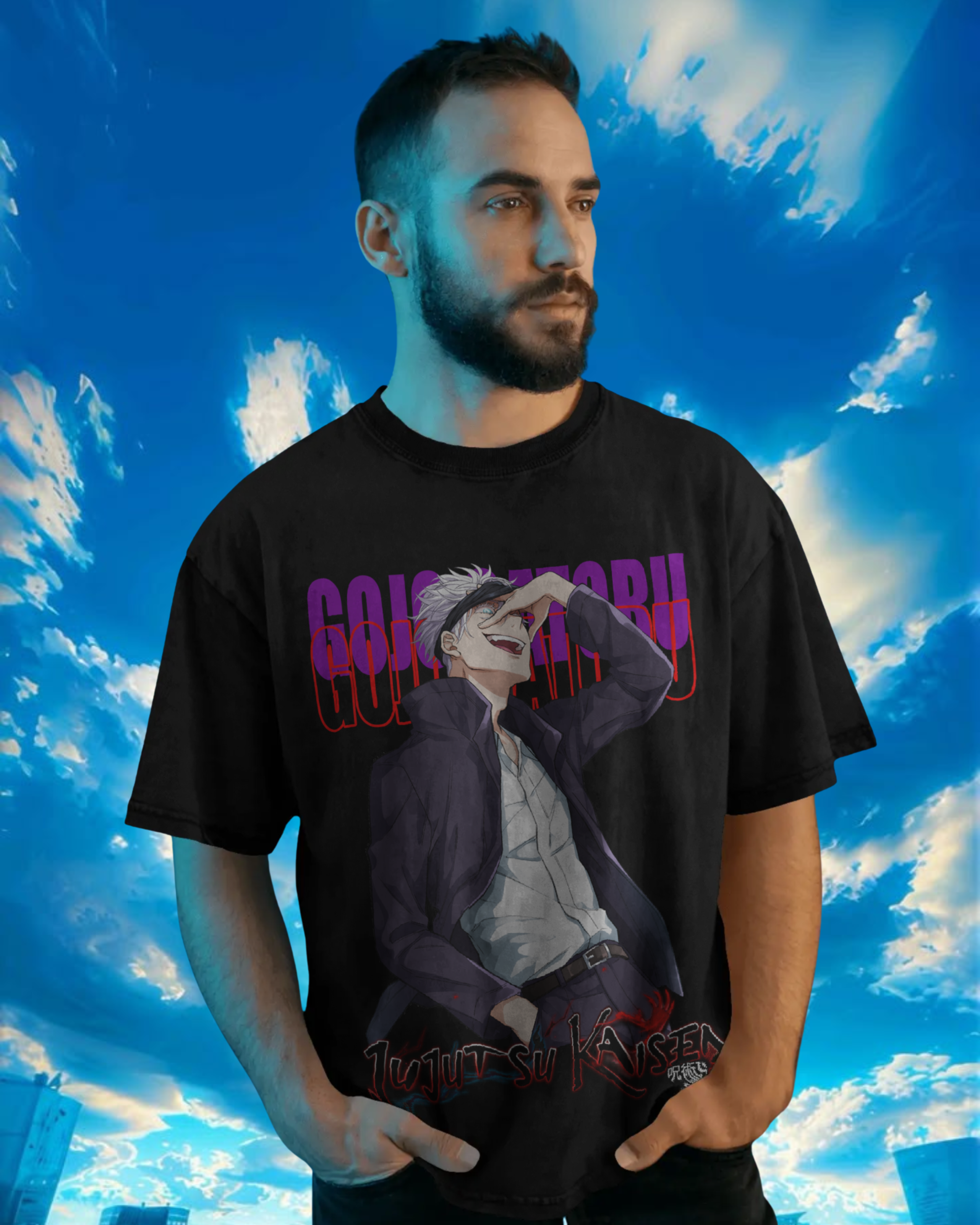 Person wearing a black t-shirt with a graphic design against a blue sky background