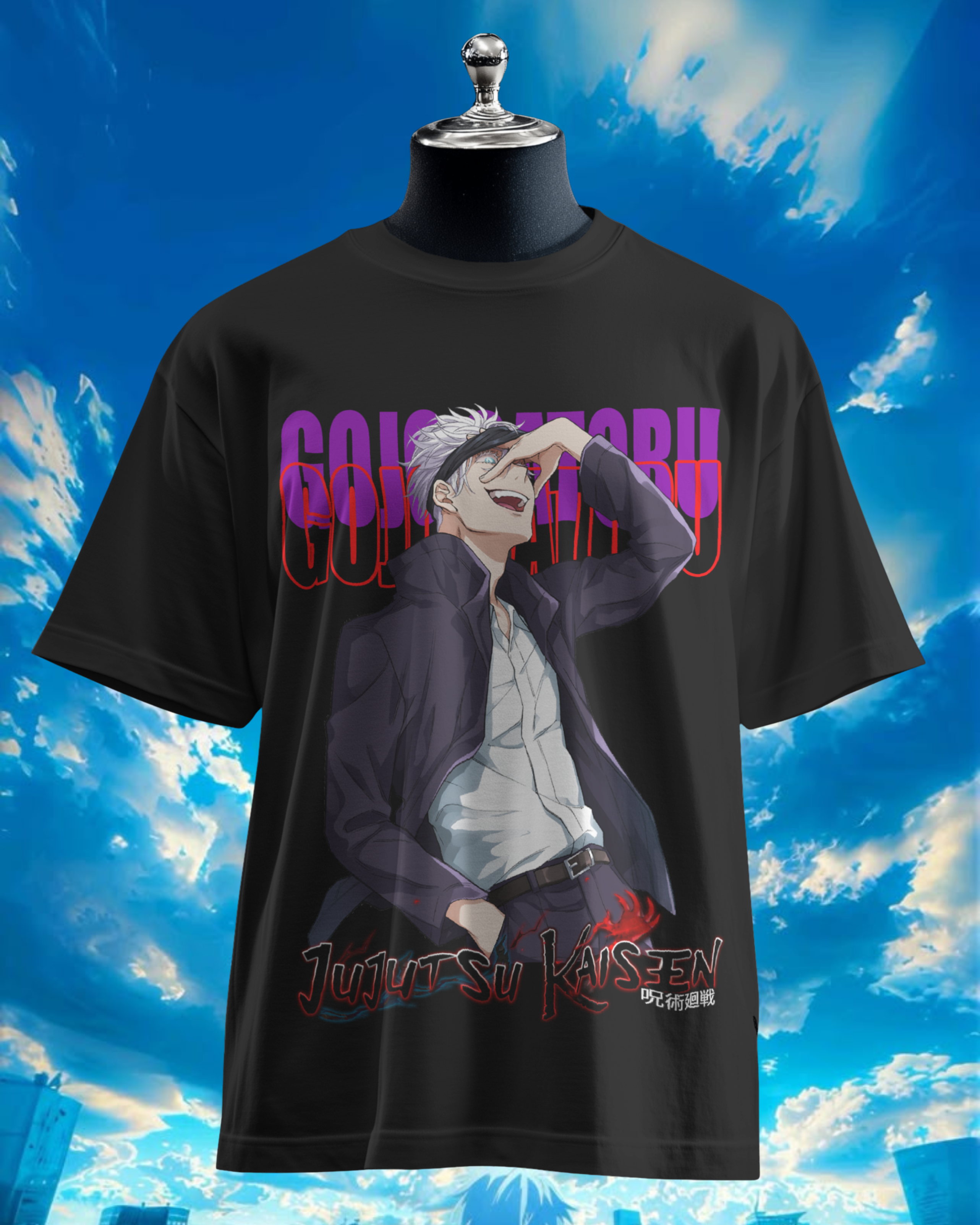 Black t-shirt with anime character and text on a mannequin against a blue sky background