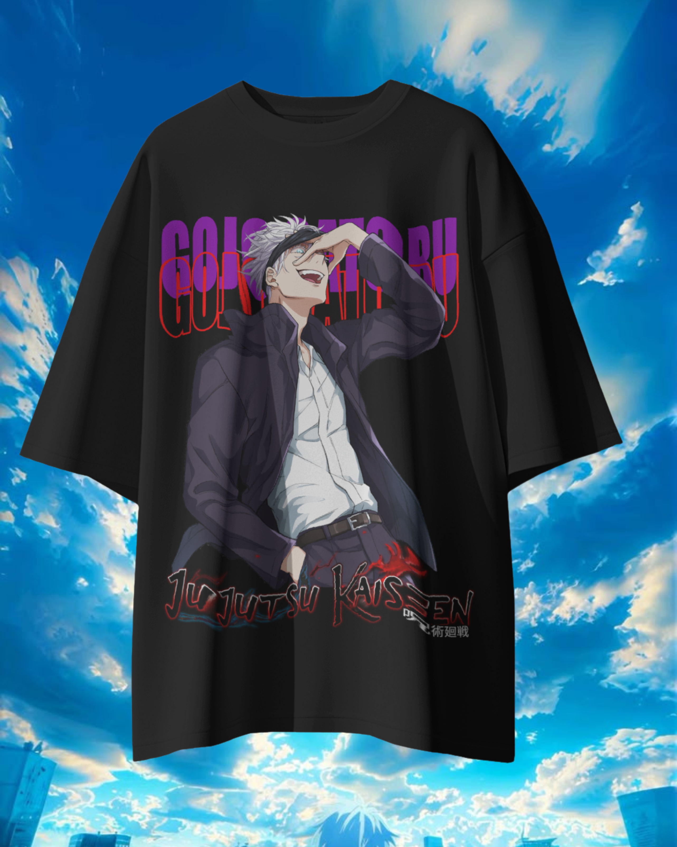 Black t-shirt with anime character graphic against a blue sky background