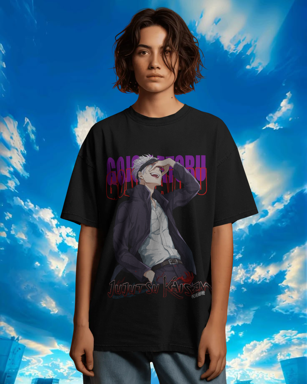 Person wearing a black t-shirt with a graphic design against a blue sky background