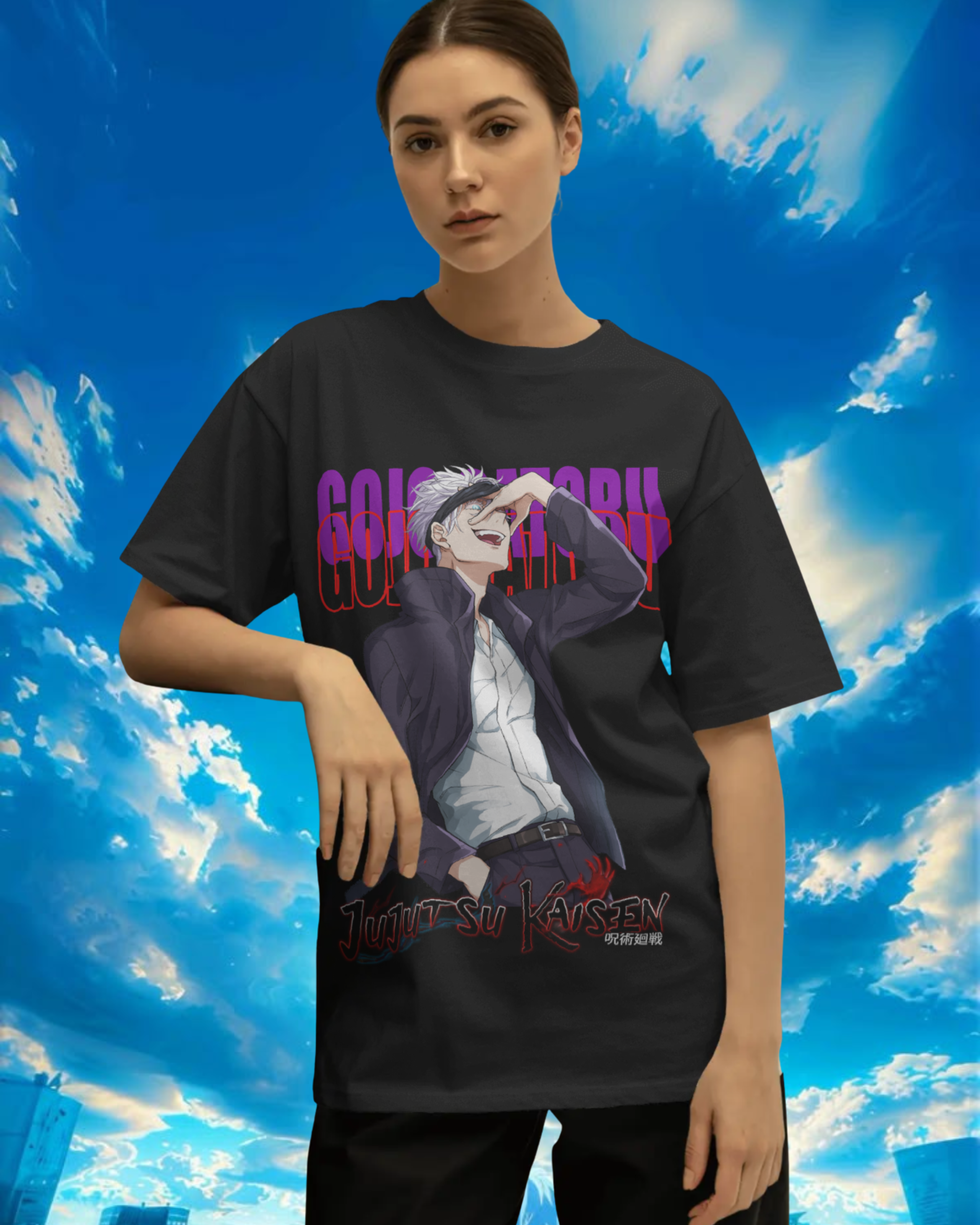 Person wearing a black t-shirt with an anime character graphic against a blue sky background