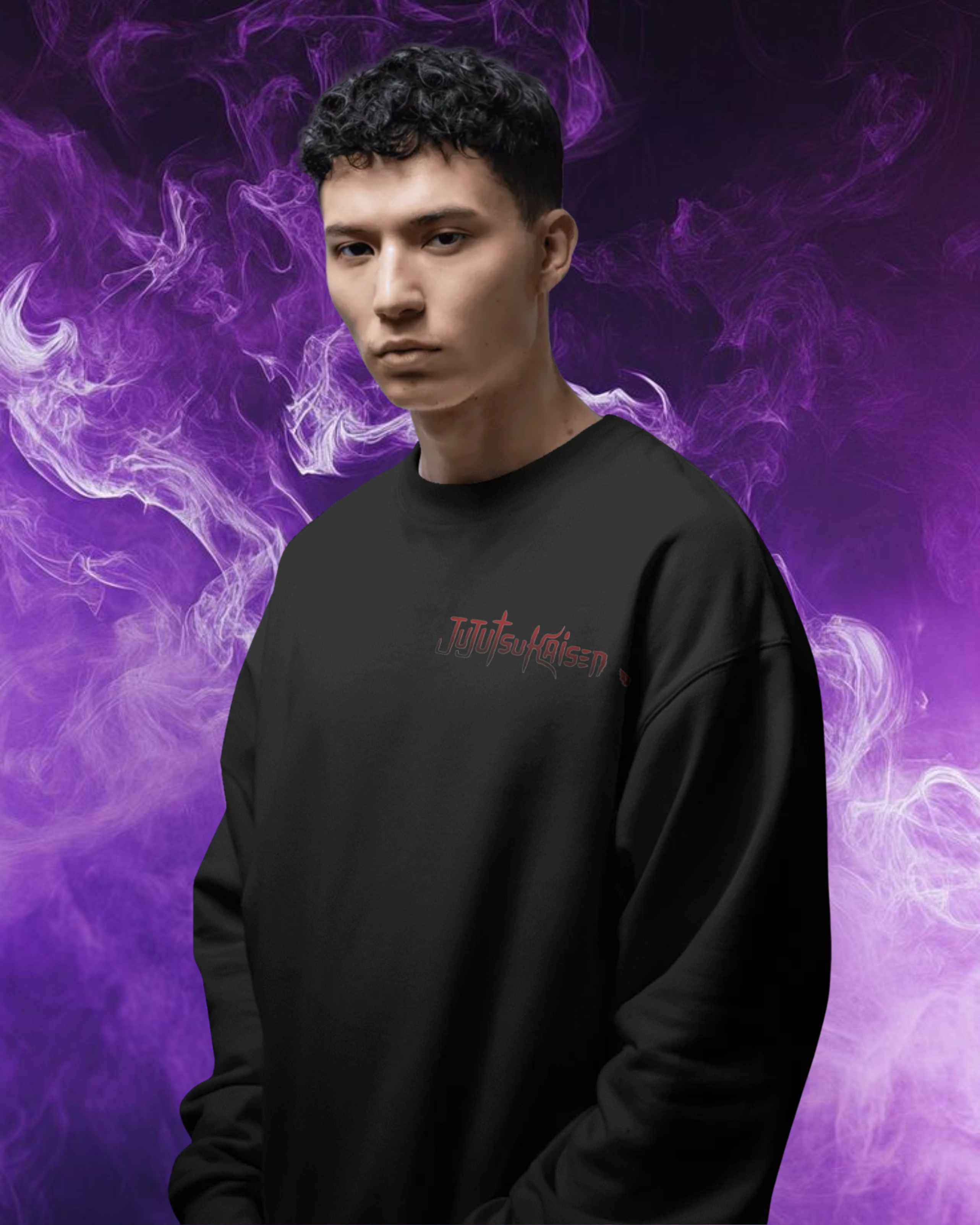 Person wearing a black sweatshirt with text on a purple background with smoke effects