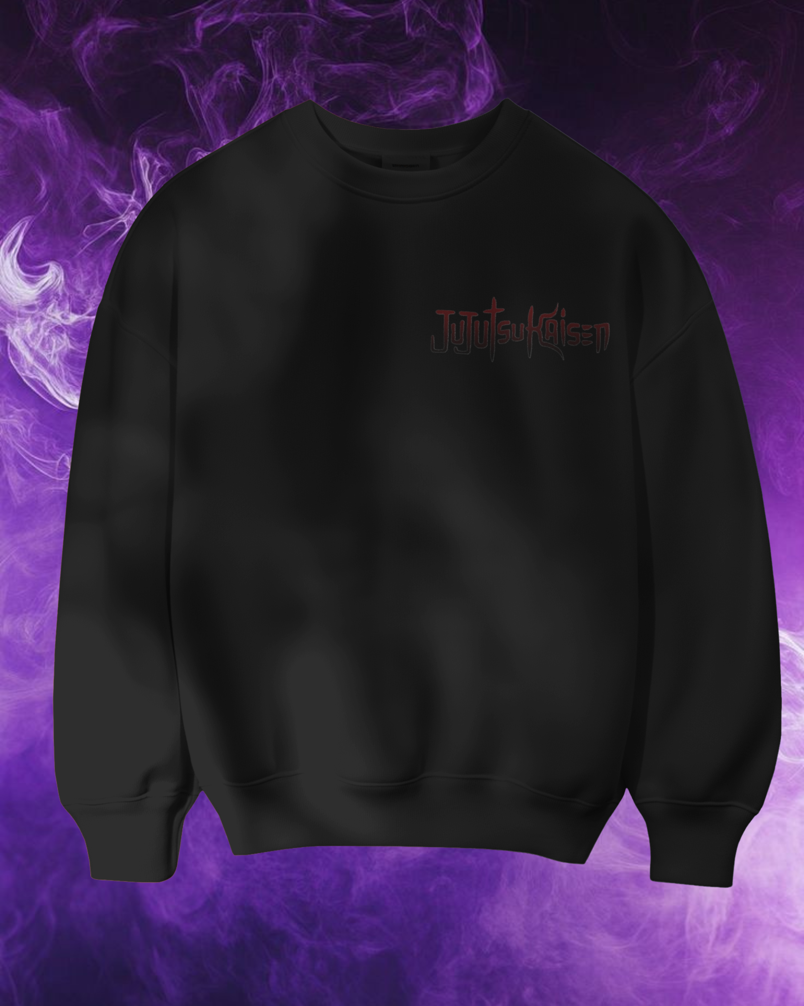Black sweatshirt with red text on a purple background

