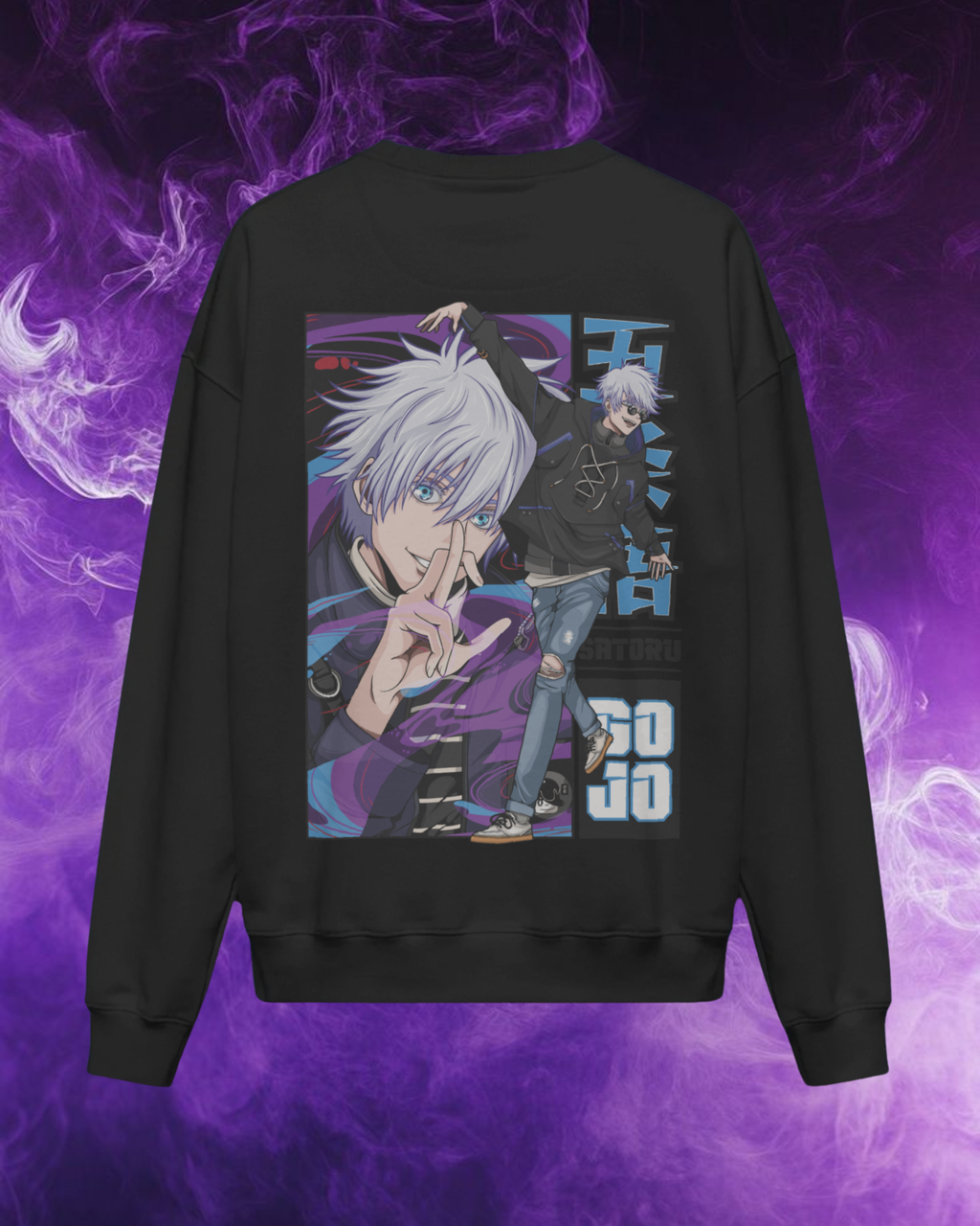 Black sweatshirt with anime character graphic on a purple smoke background