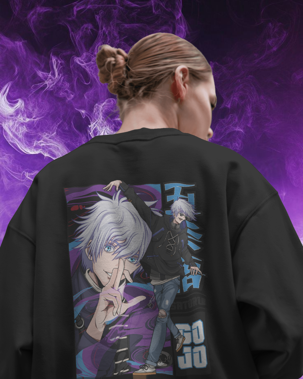 Person wearing a black sweatshirt with anime character design on the back against a purple smoke background
