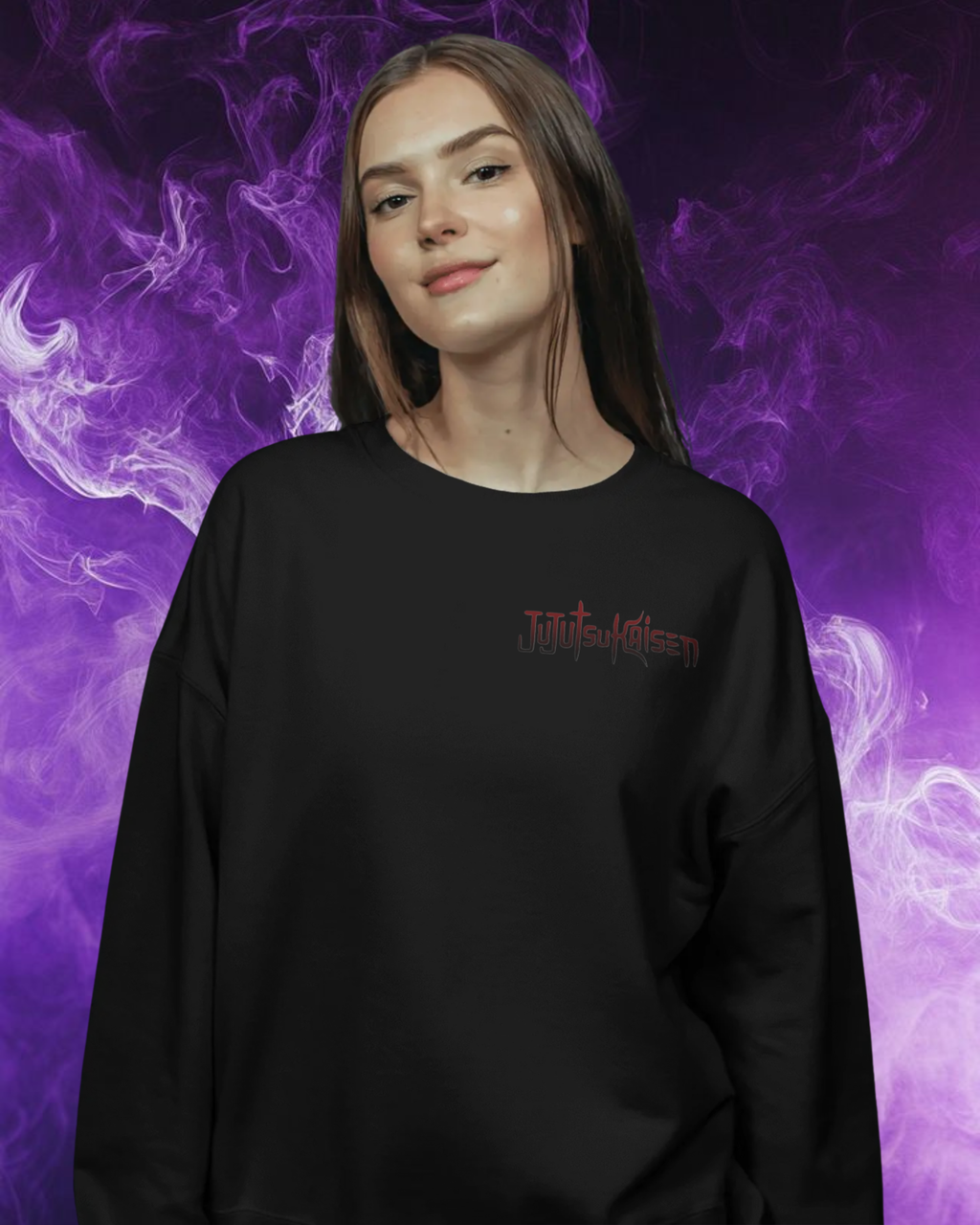 Person wearing a black sweatshirt with text on a purple background with smoke effects