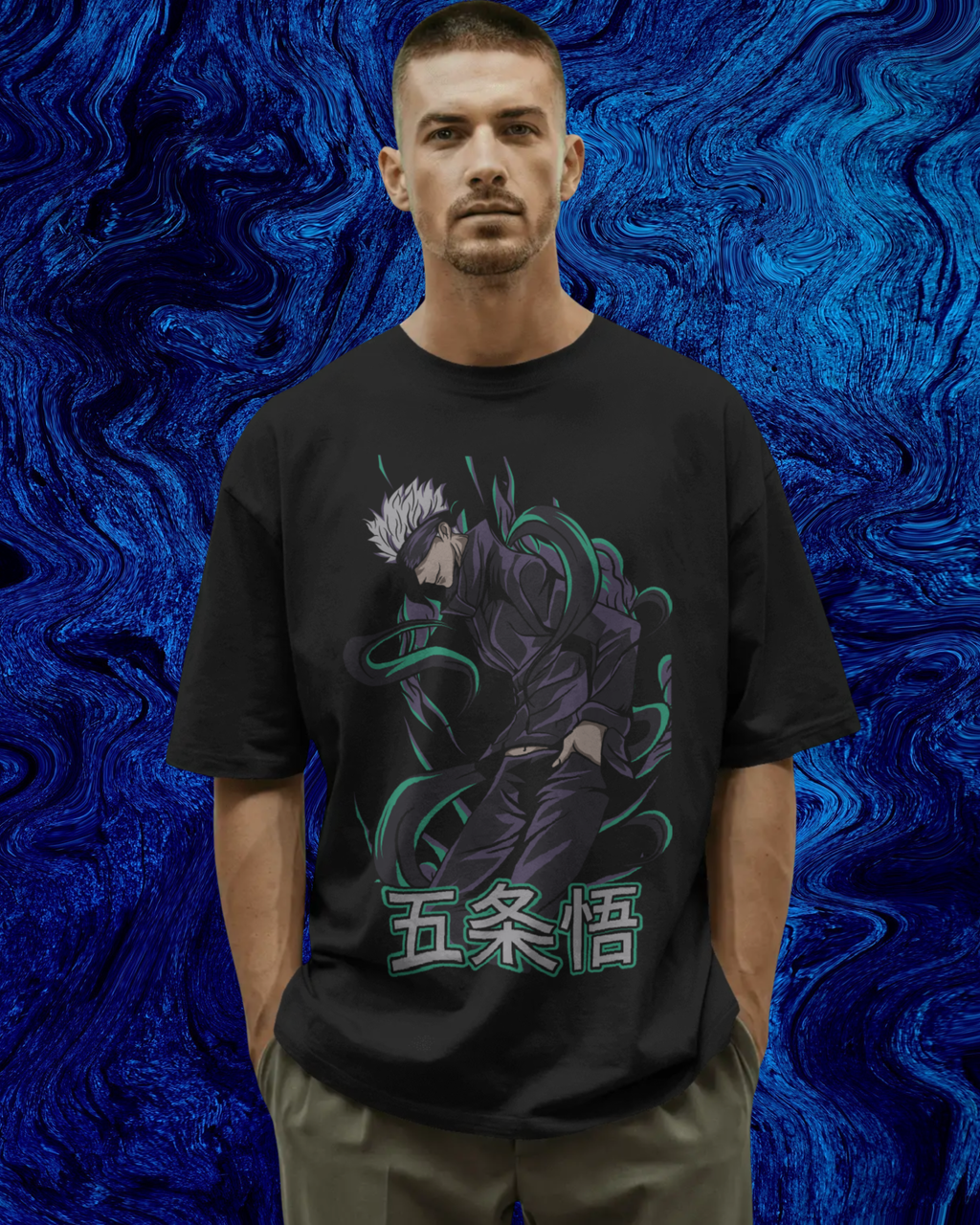 Man wearing a black t-shirt with a graphic design against a blue textured background