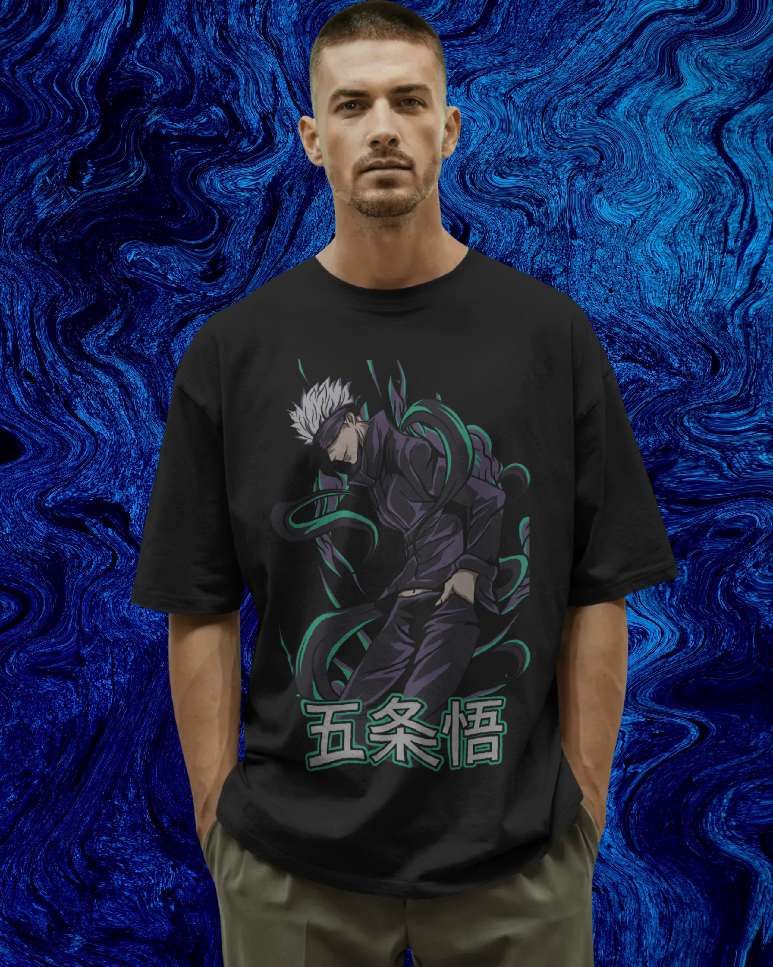 Man wearing a black t-shirt with a graphic design against a blue textured background