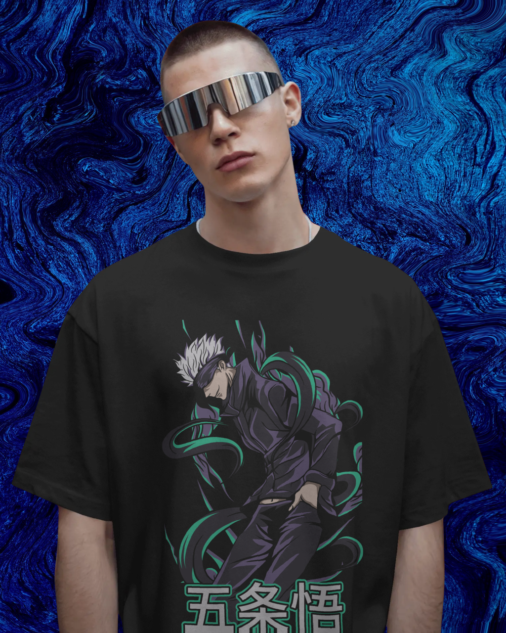 Person wearing a black t-shirt with a graphic design against a blue textured background