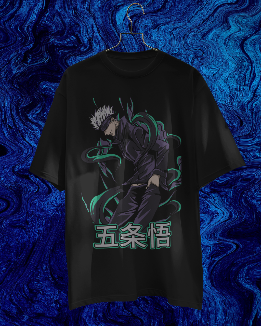 Black t-shirt with anime character and text on a blue textured background