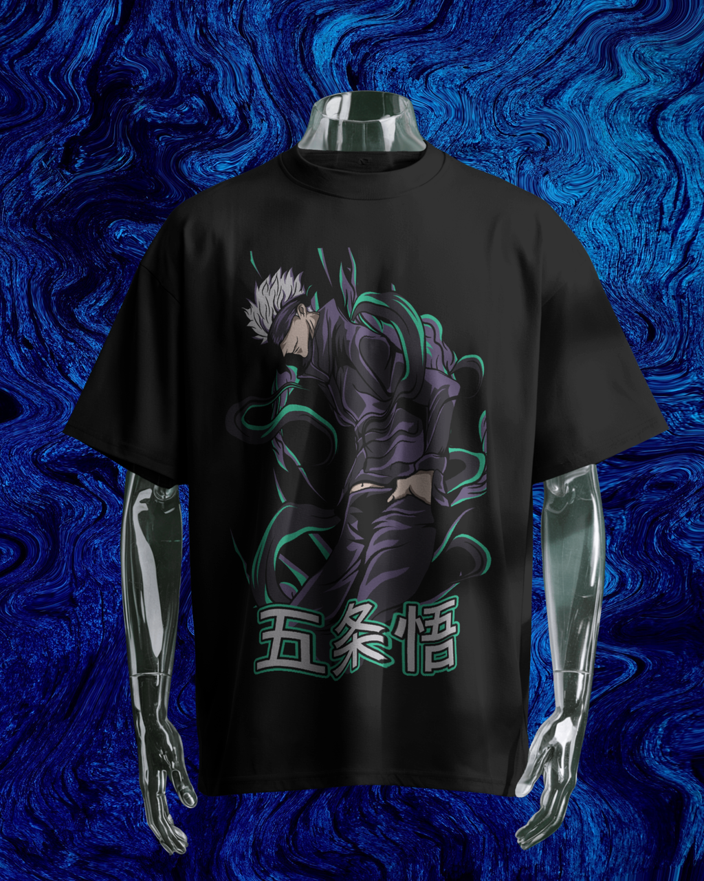 Black t-shirt with graphic design and text on a blue textured background