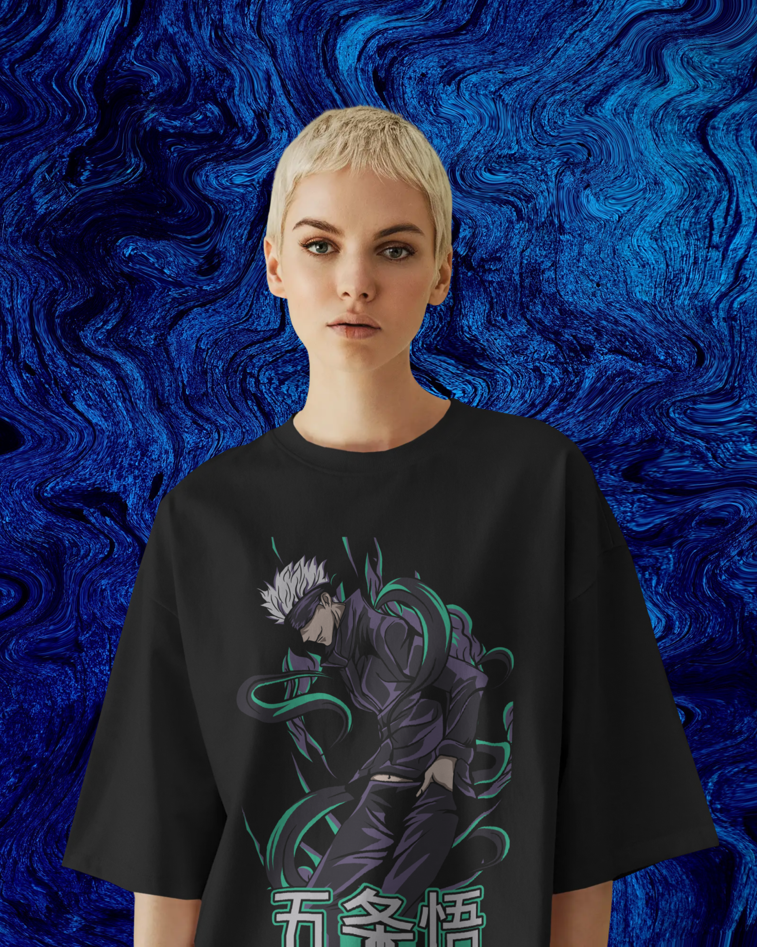 Person wearing a black t-shirt with a graphic design against a blue textured background