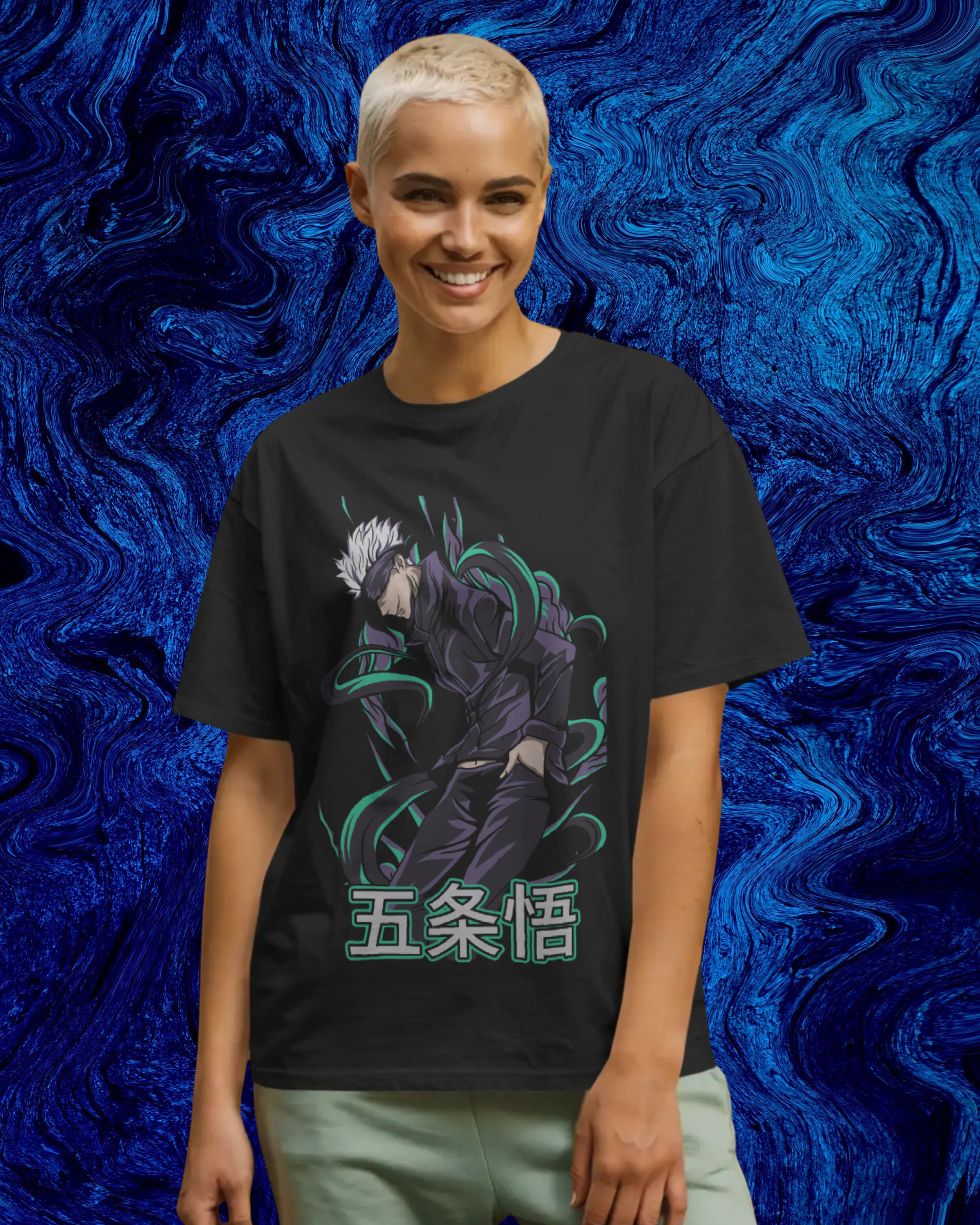 Person wearing a black t-shirt with a graphic design against a blue textured background