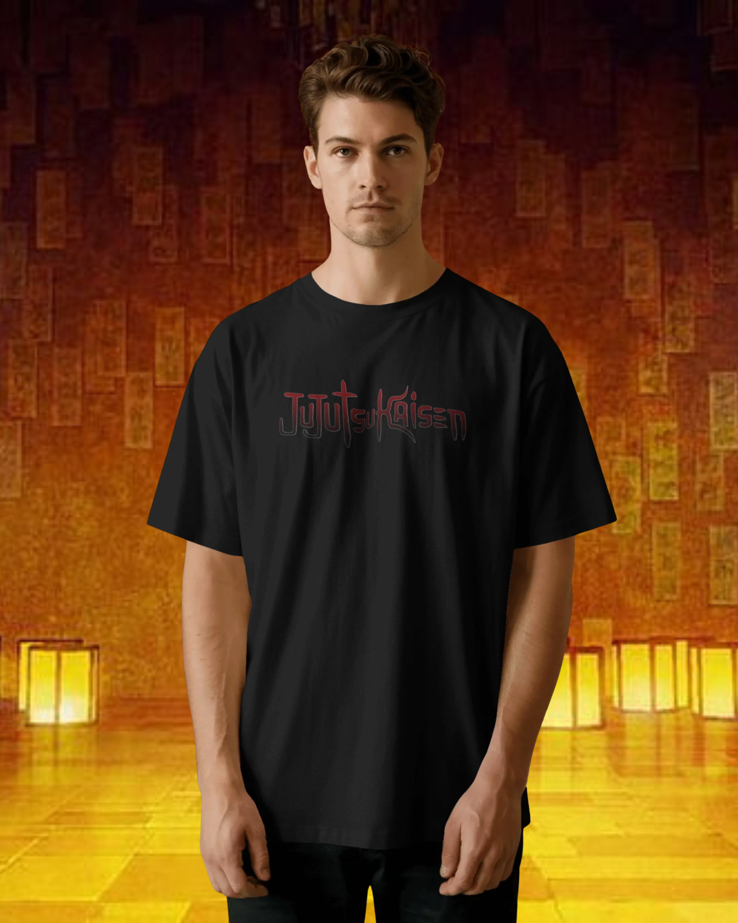 Person wearing a black t-shirt with red text in a warm-toned room