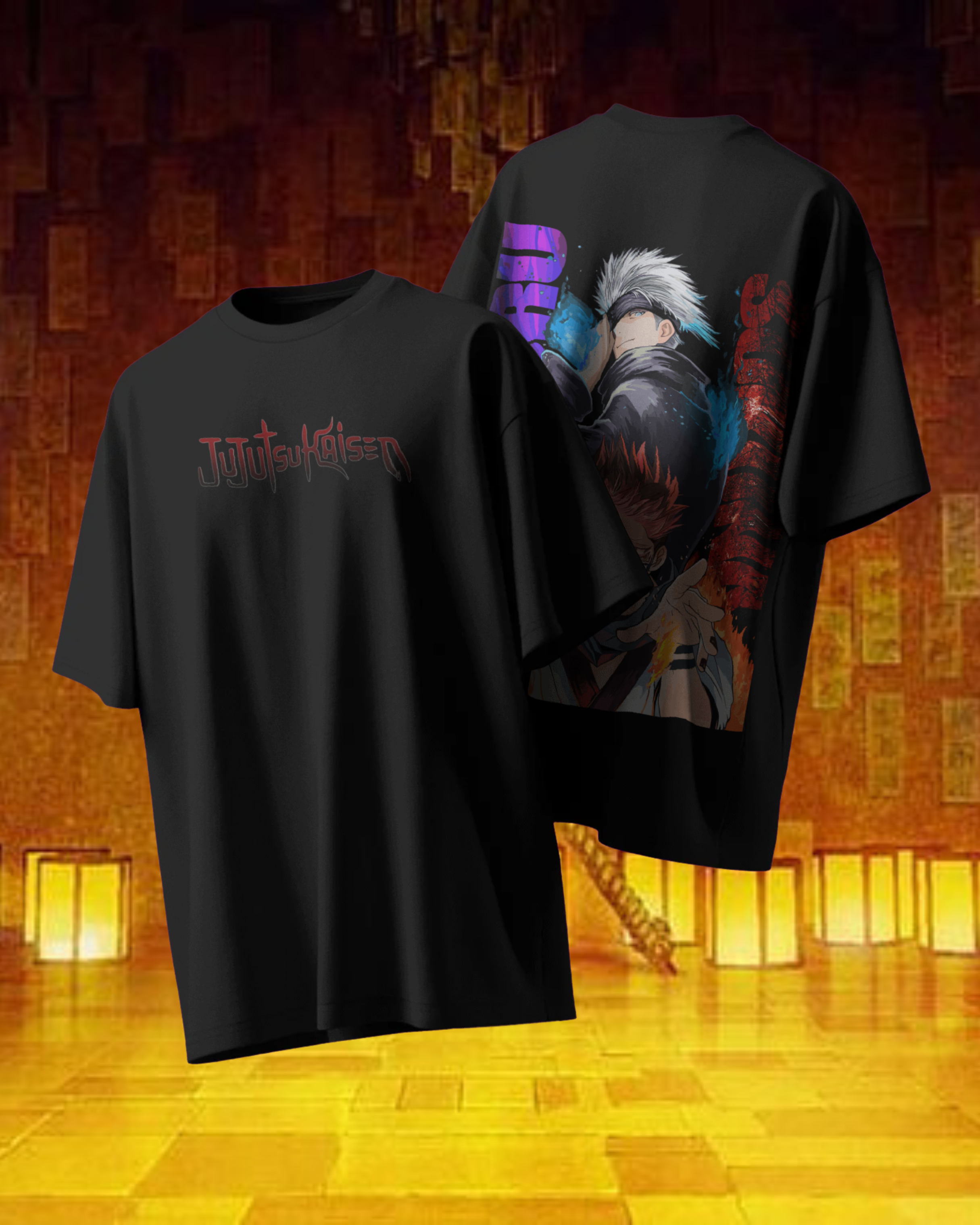 Black t-shirt with 'Jujutsu Kaisen' logo on front and character design on back, against a wooden background