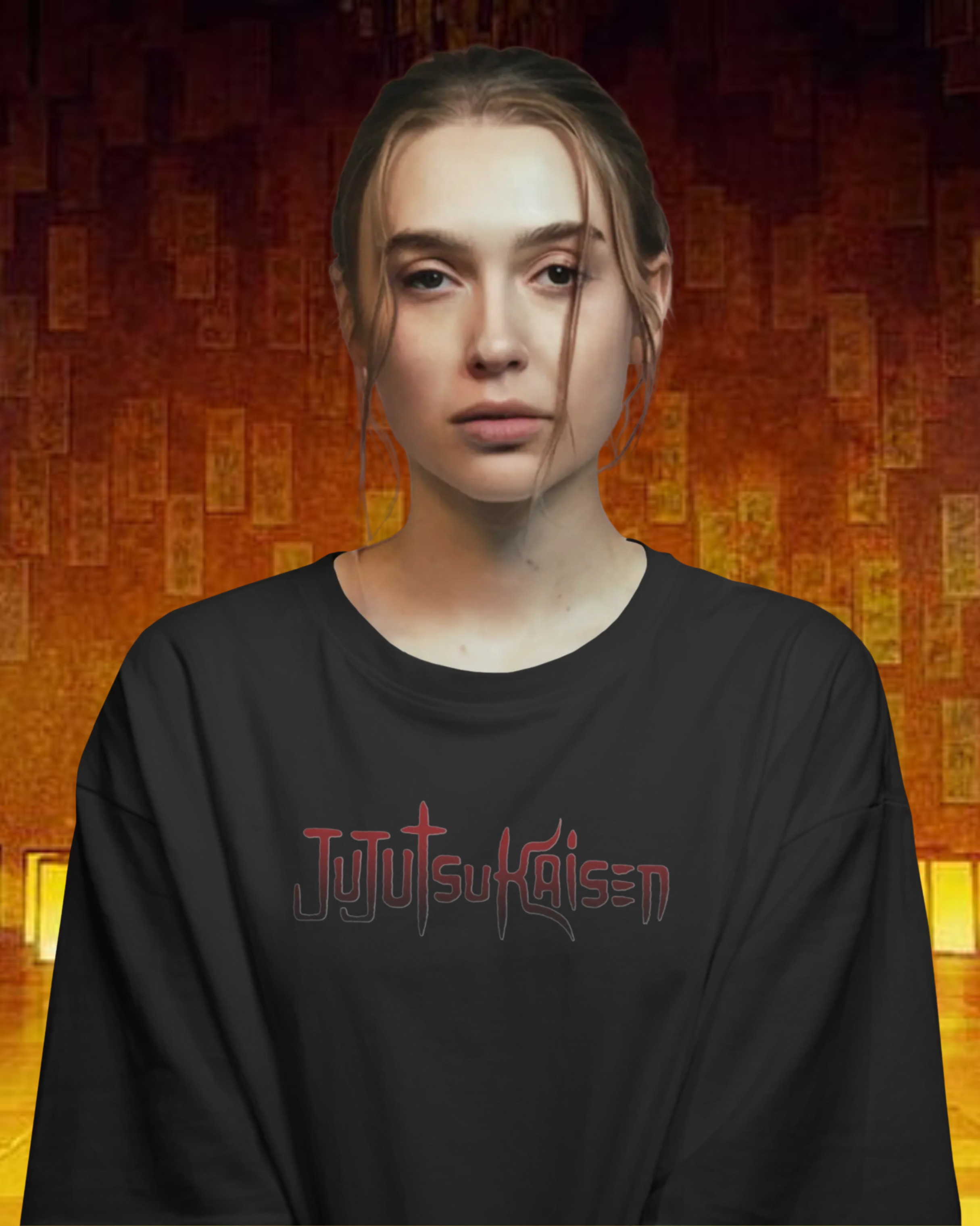 Person wearing a black sweatshirt with 'Jujutsu Kaisen' logo against an orange patterned background