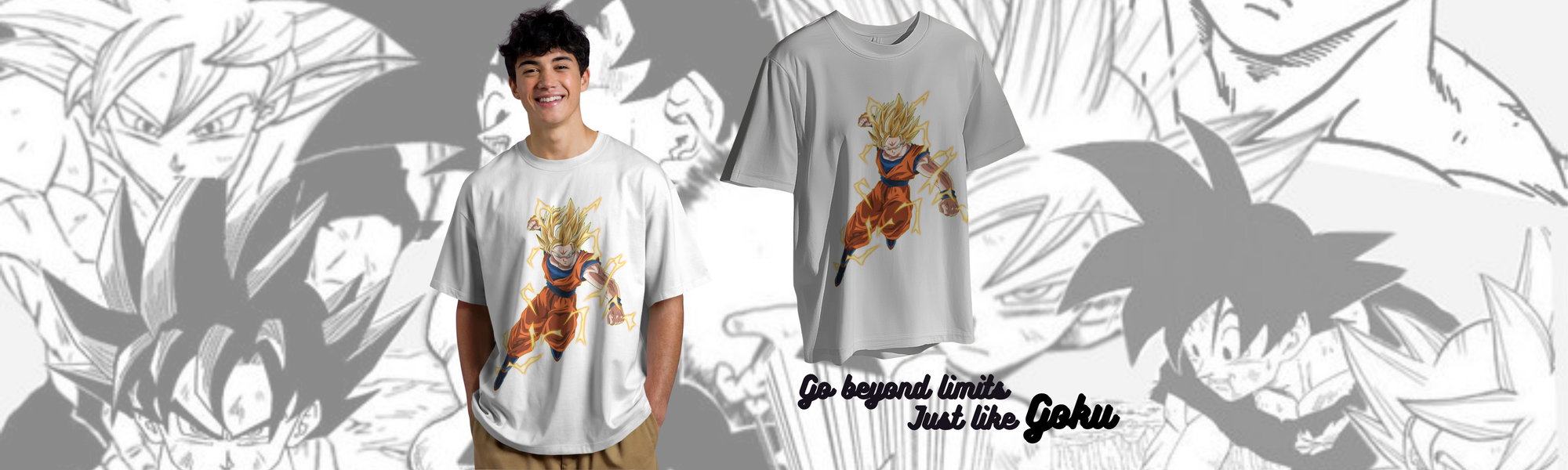 Person wearing a t-shirt with a graphic design of a character, surrounded by similar designs on a white background