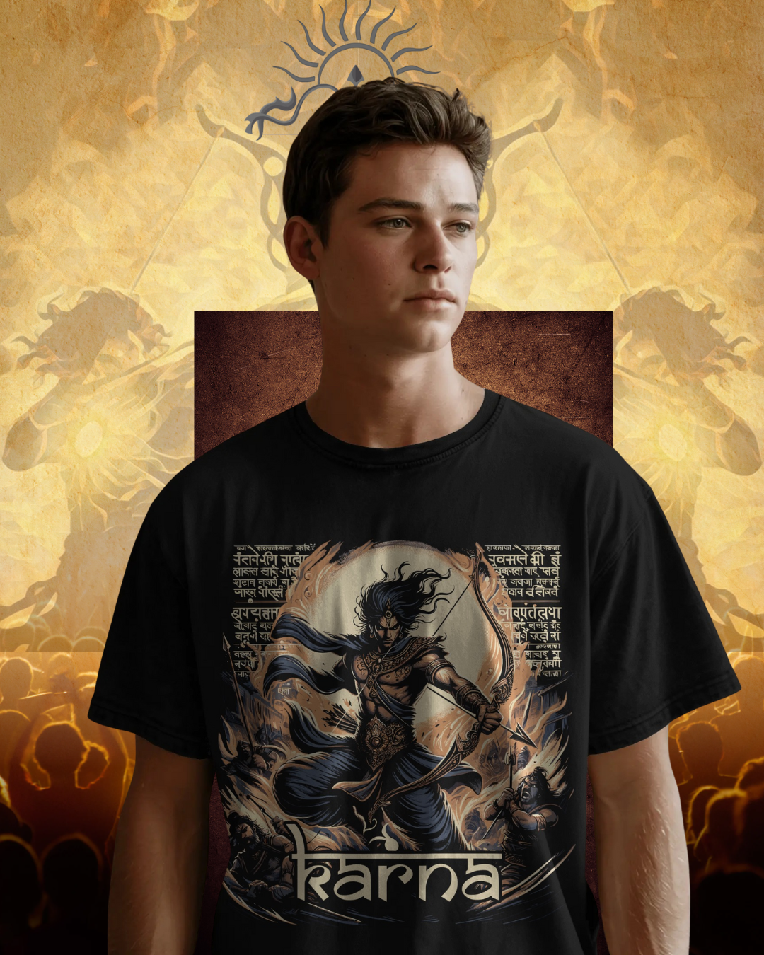 Karna oversized T-shirt featuring epic Mahabharata warrior design, unisex streetwear style