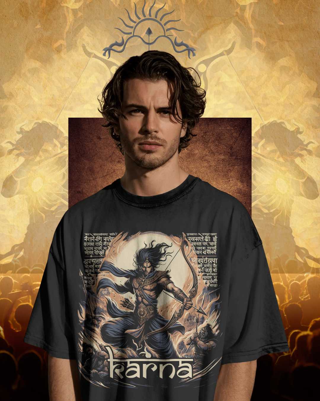 Karna oversized T-shirt featuring epic Mahabharata warrior design, unisex streetwear style