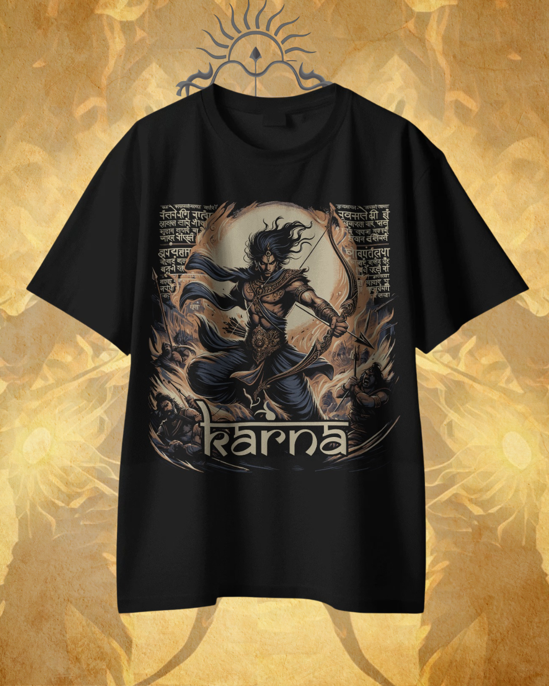Karna oversized T-shirt featuring epic Mahabharata warrior design, unisex streetwear style