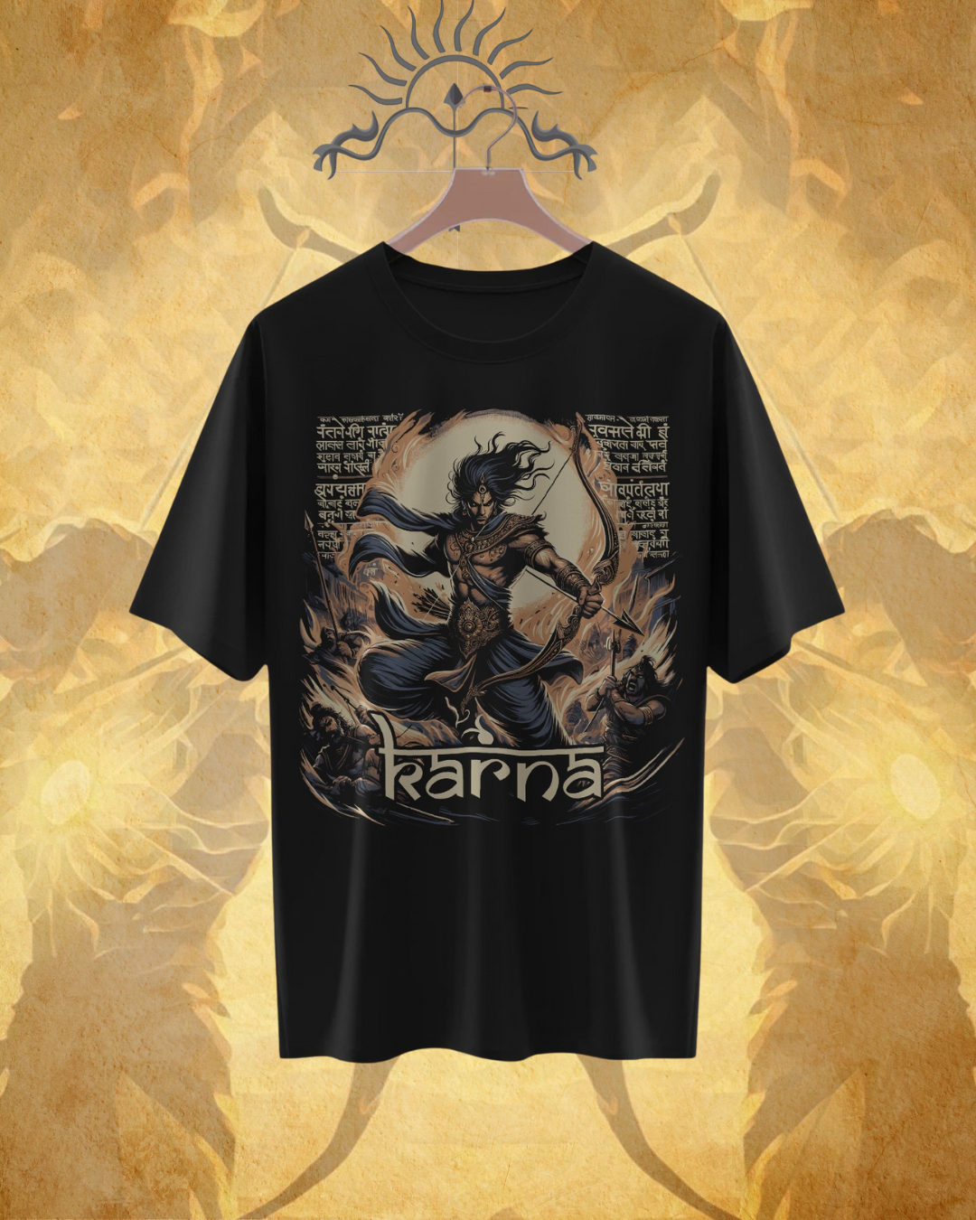 Karna oversized T-shirt featuring epic Mahabharata warrior design, unisex streetwear style