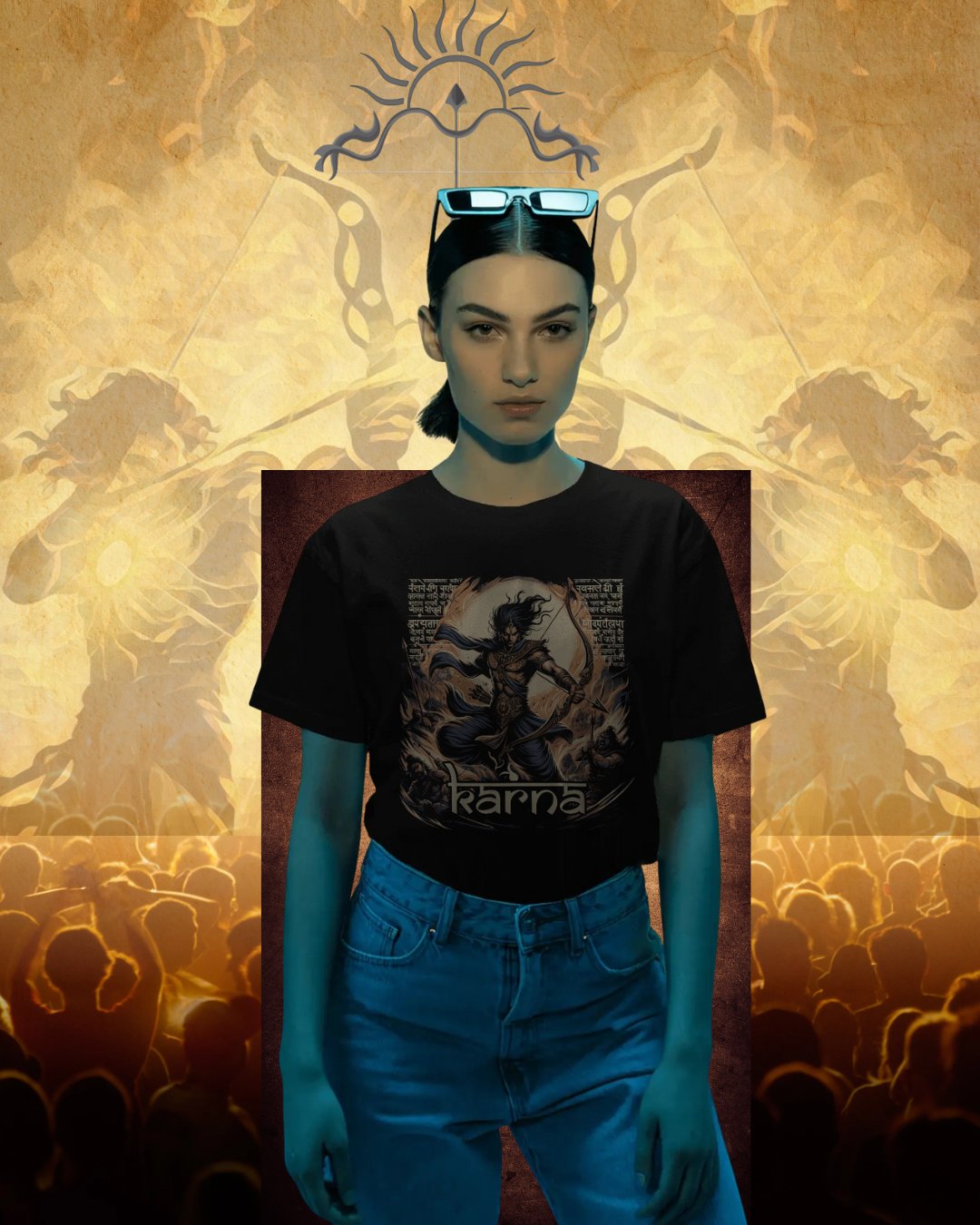 Karna oversized T-shirt featuring epic Mahabharata warrior design, unisex streetwear style