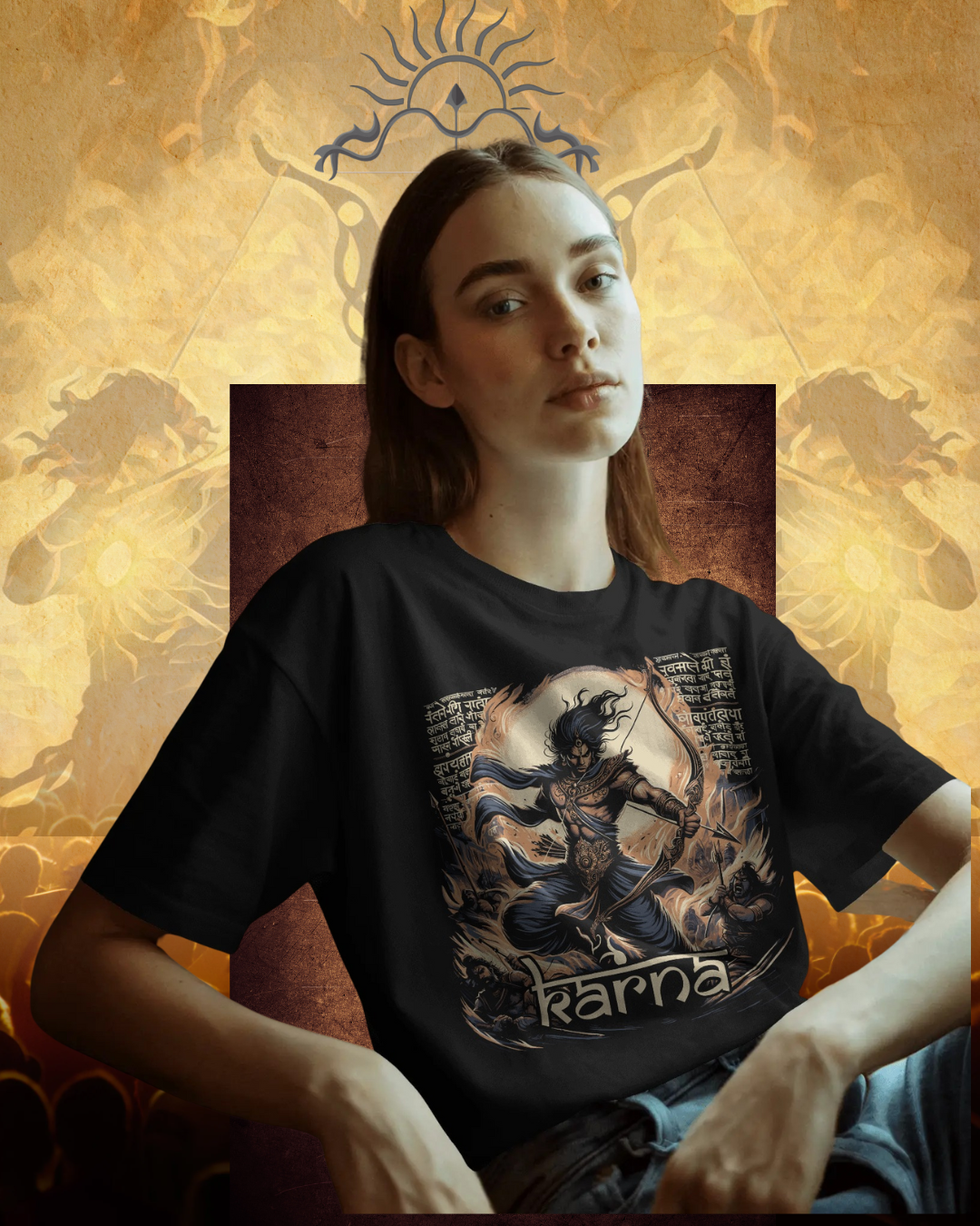 Karna oversized T-shirt featuring epic Mahabharata warrior design, unisex streetwear style