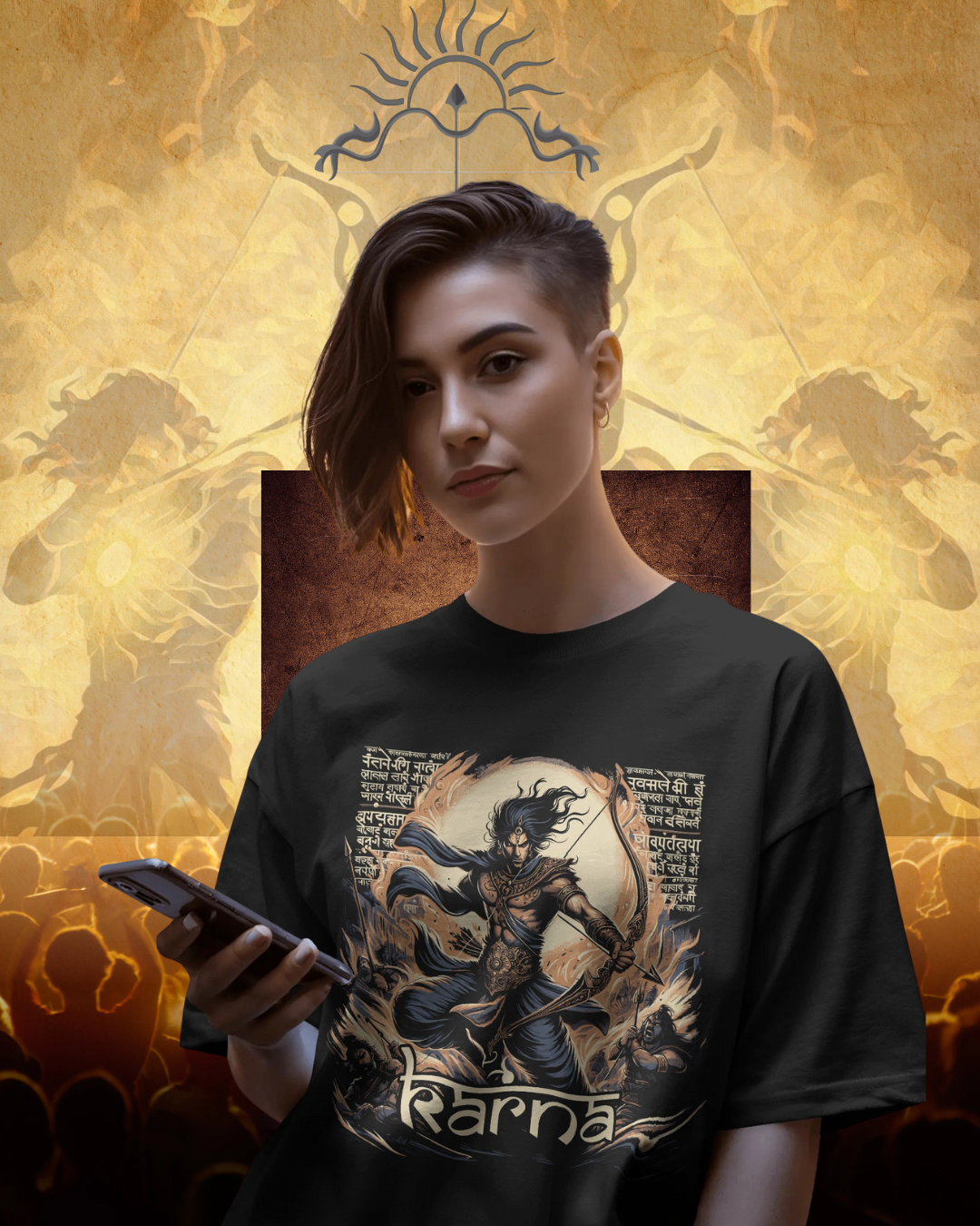 Karna oversized T-shirt featuring epic Mahabharata warrior design, unisex streetwear style