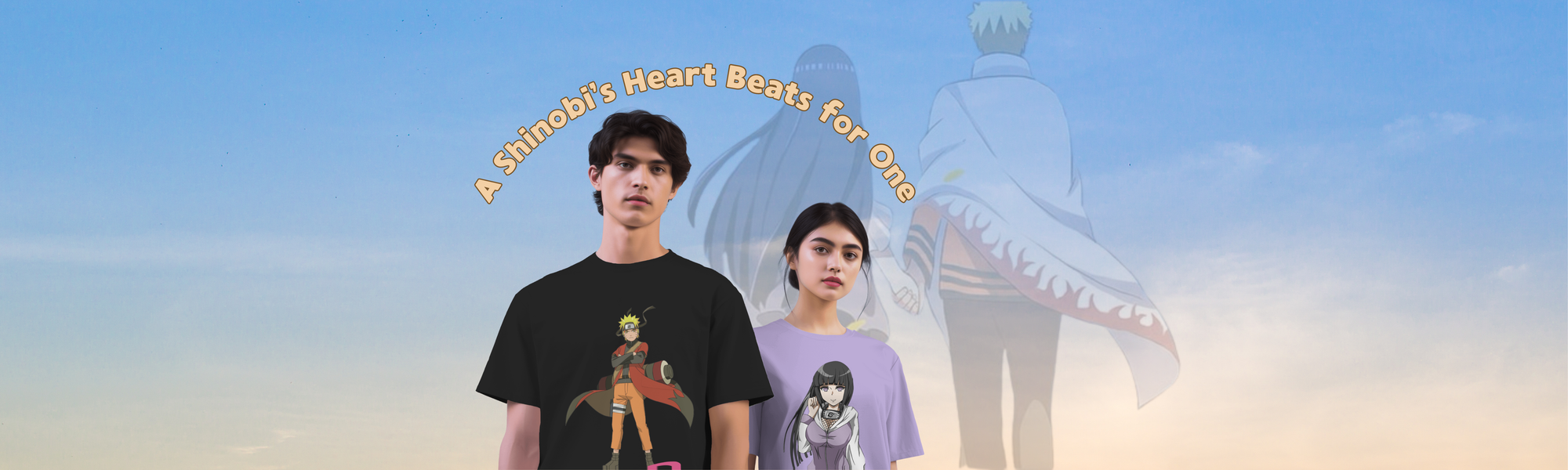 Two people wearing t-shirts with graphic designs against a blue sky