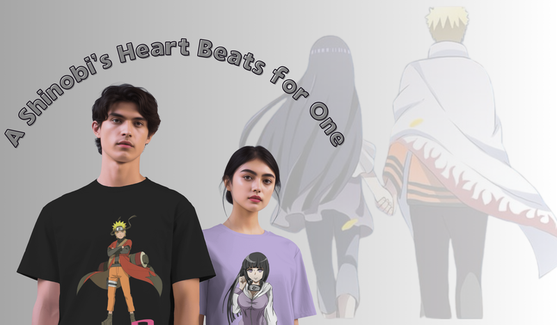 "Naruto and Hinata oversized T-shirt featuring romantic anime couple graphic from Naruto Shippuden, stylish unisex streetwear for anime fans."