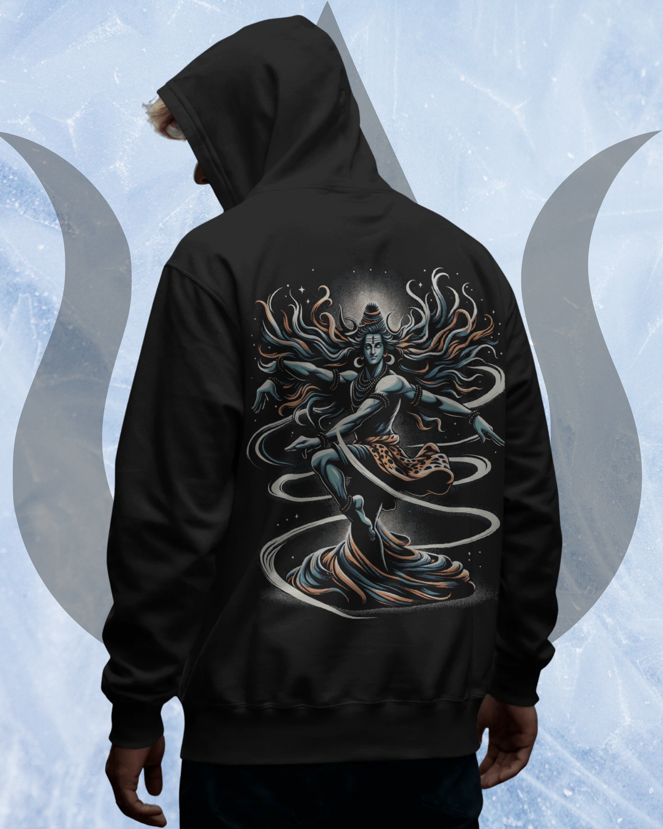 Black hoodie with a detailed design on the back, displayed against a light blue background with abstract shapes