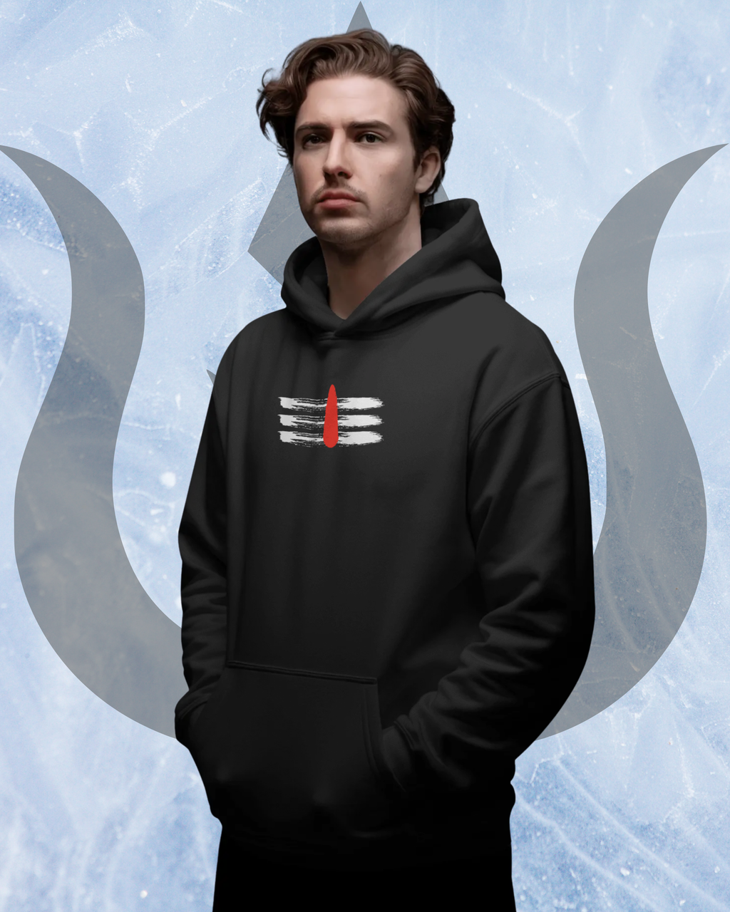 Person wearing a black hoodie with a logo against a stylized background