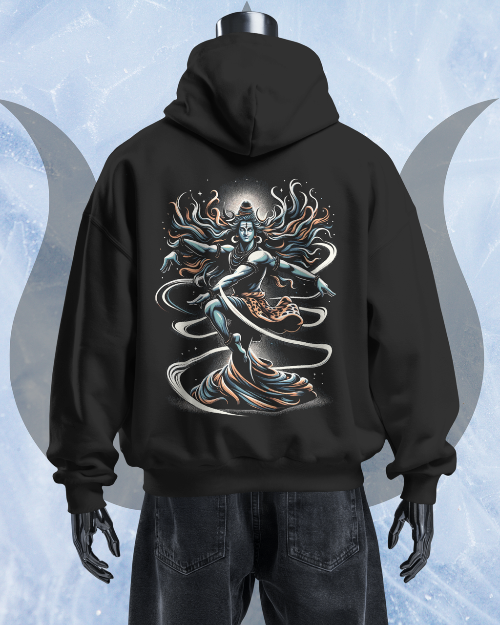 Black hoodie with a colorful graphic design on the back, displayed against a light blue background with abstract shapes